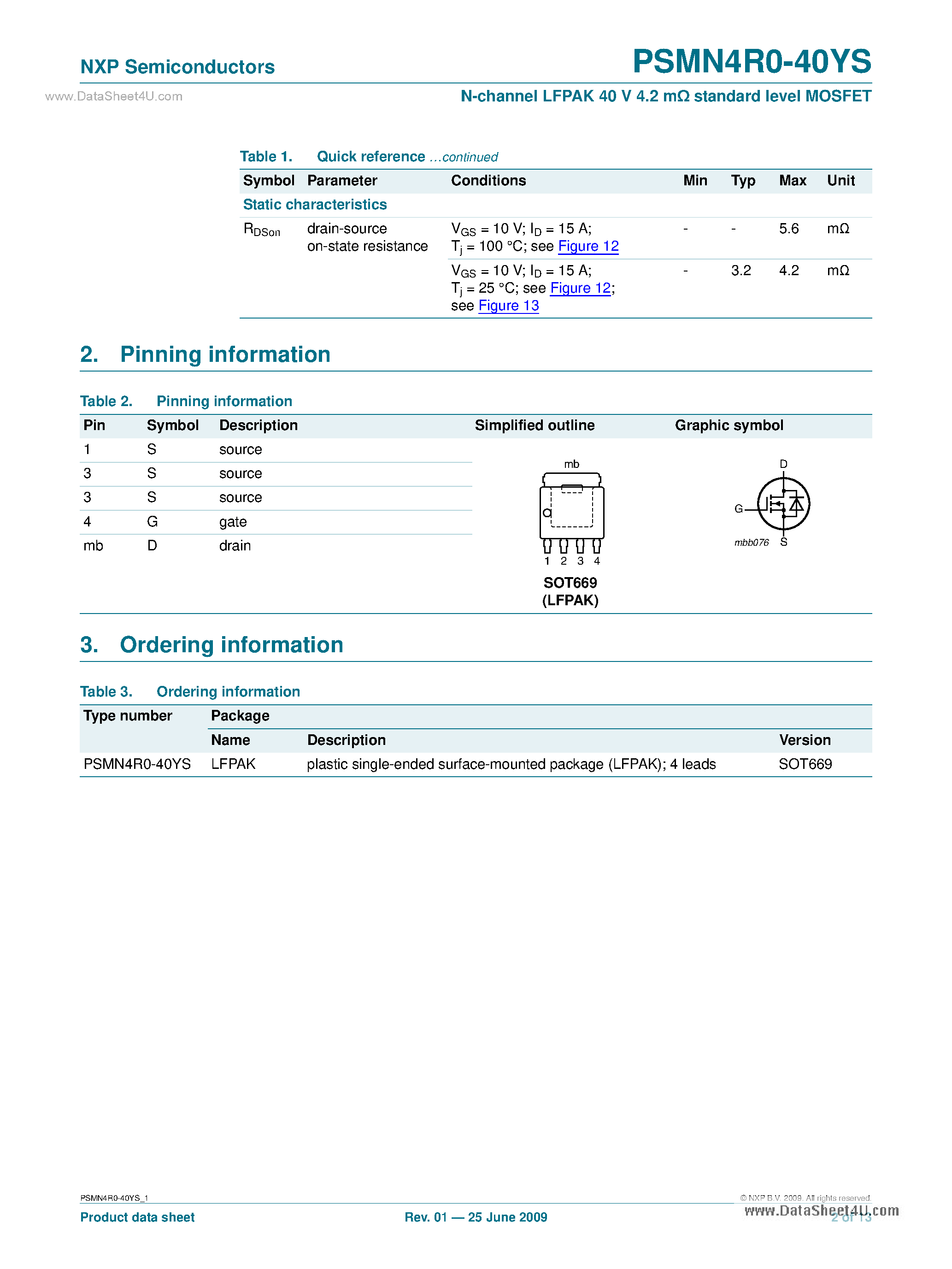 Datasheet PSMN4R0-40YS page 2 Datasheet PSMN4R0-40YS - N-channel LFPAK 40 V 4.2 MOhm Standard Level MOSFET page 2