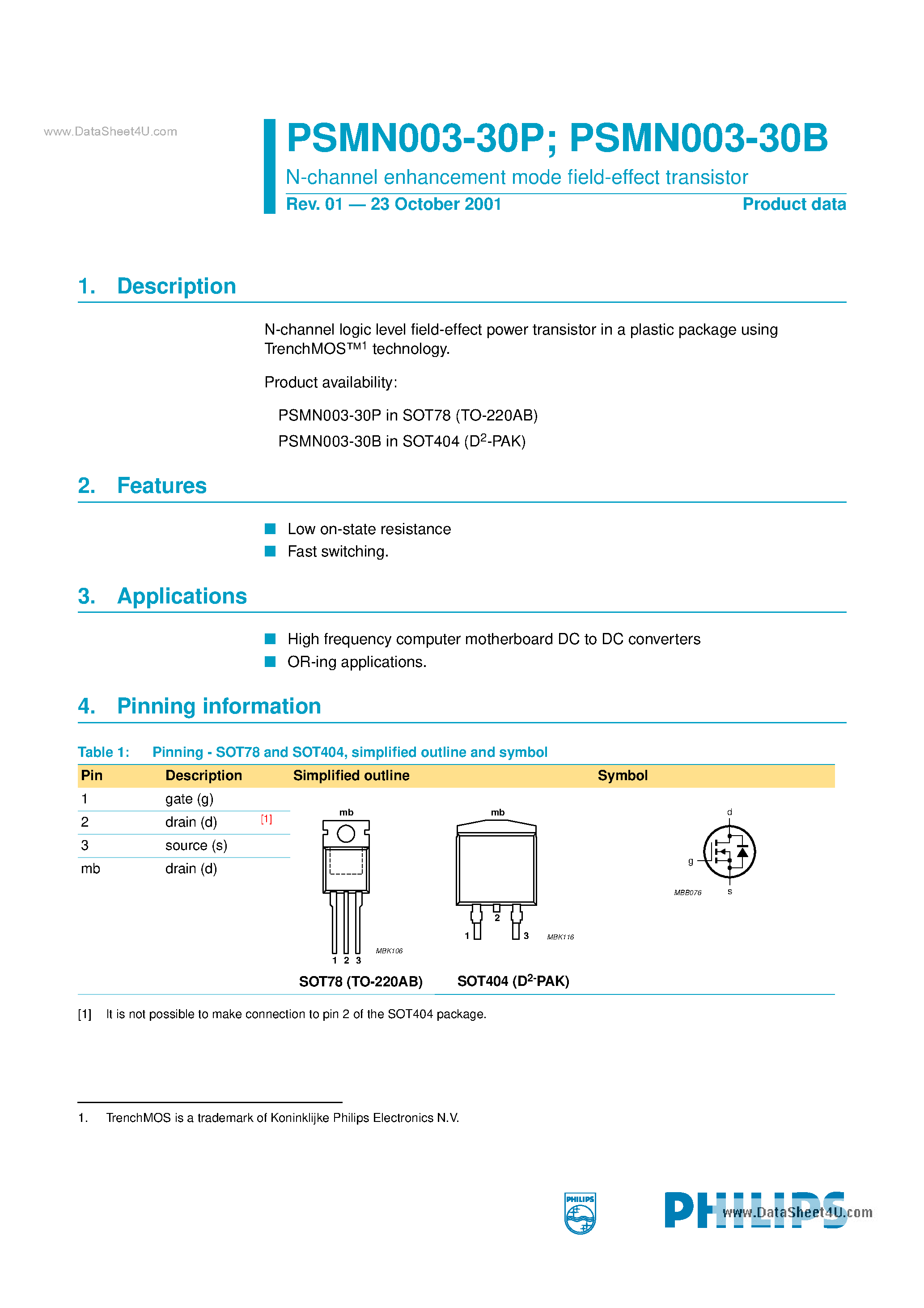Datasheet PSMN003-30B - N-channel enhancement mode field-effect transistor page 1