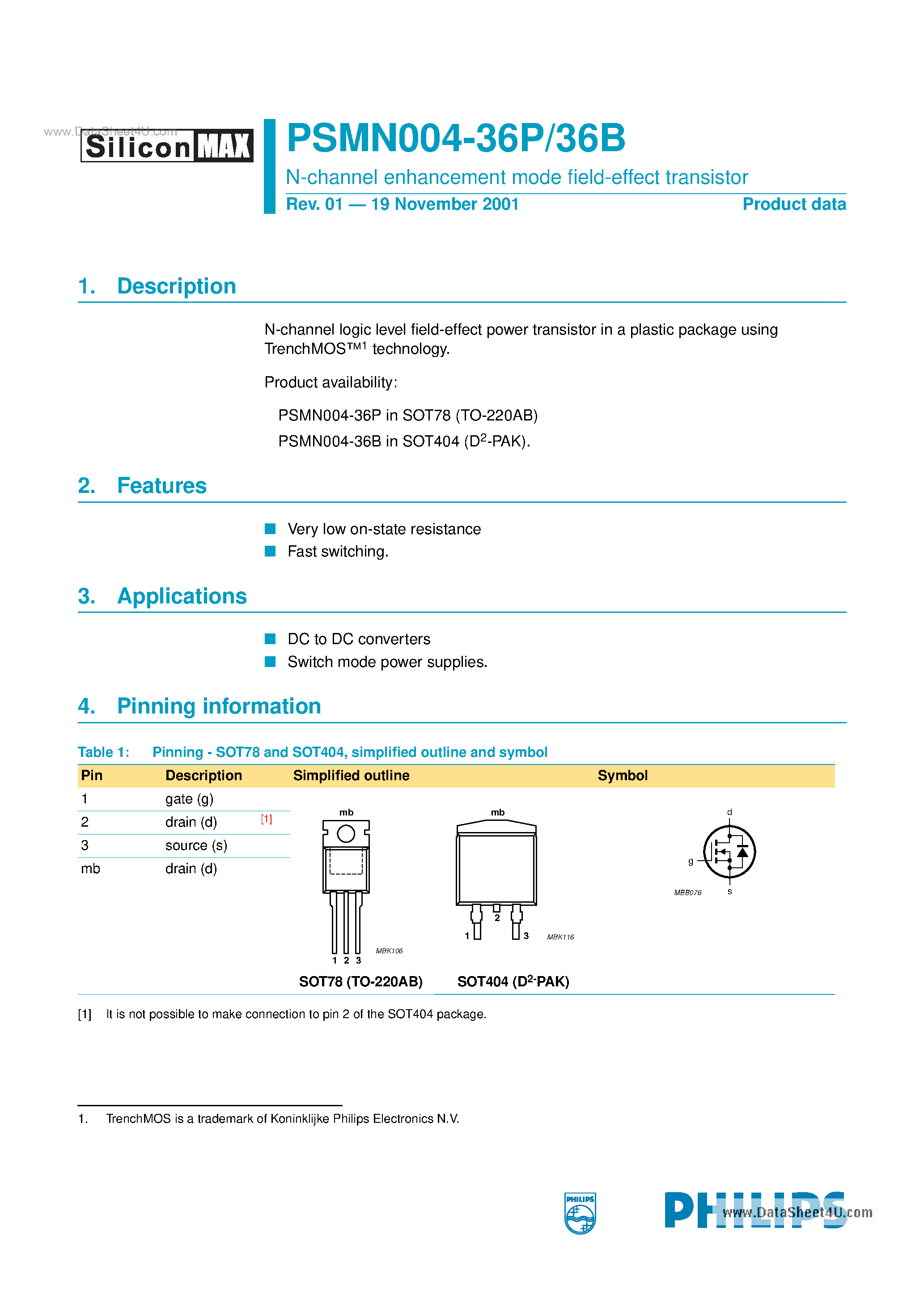 Datasheet PSMN004-36B - N-channel enhancement mode field-effect transistor page 1