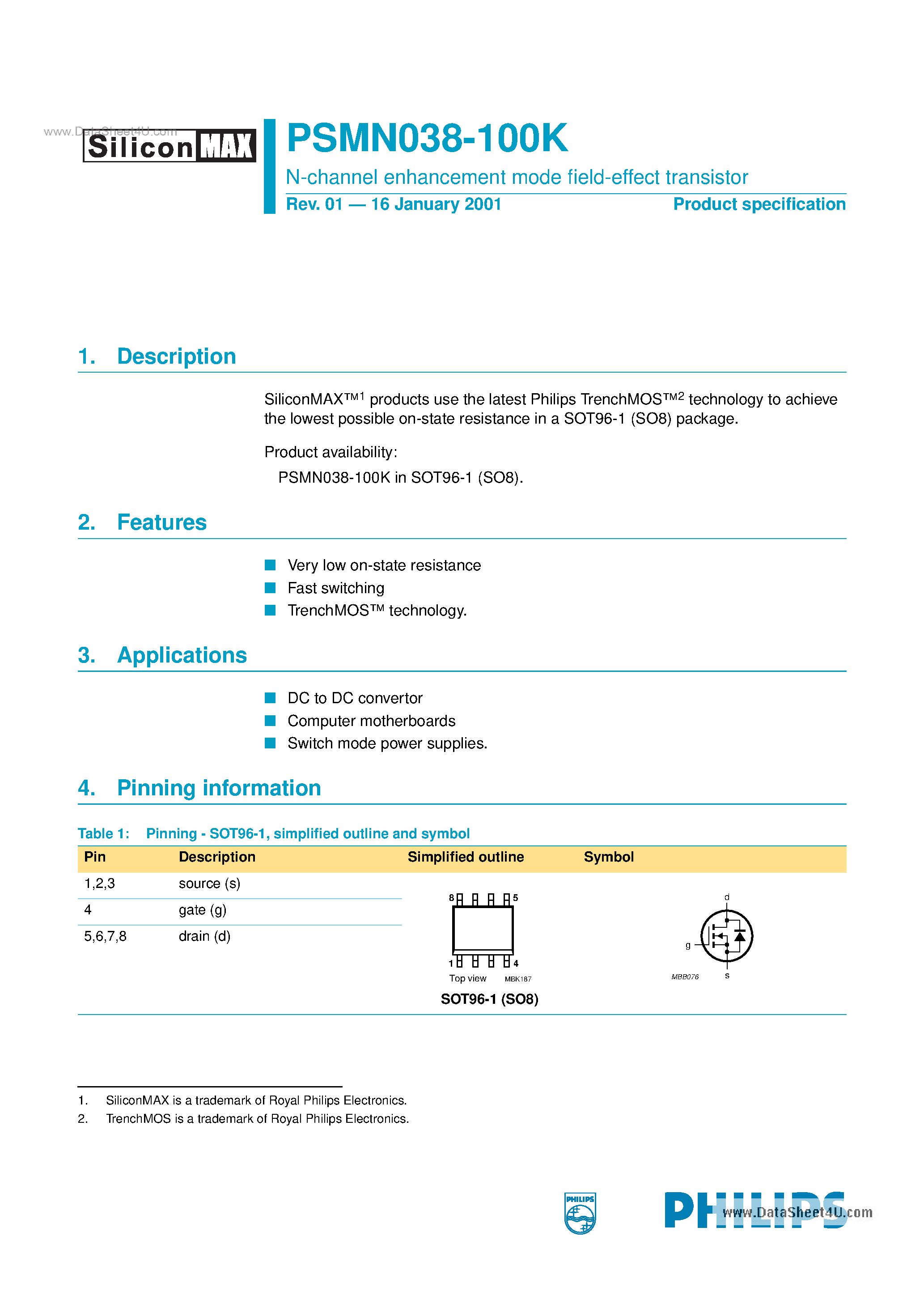Datasheet PSMN038-100K page 1 Datasheet PSMN038-100K - N-channel enhancement mode field-effect transistor page 1