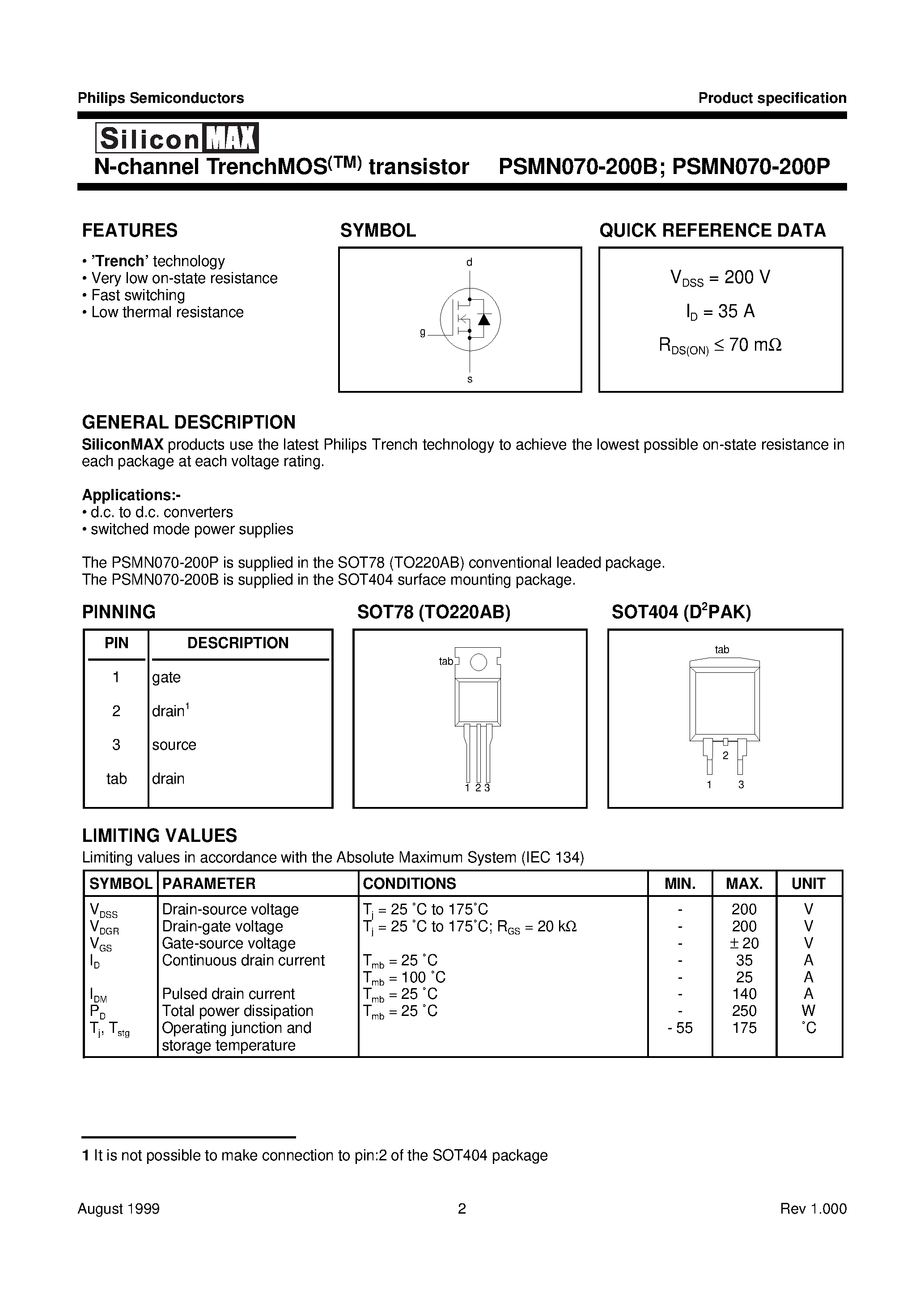 Datasheet PSMN070-200B - N-channel TrenchMOS transistor page 2