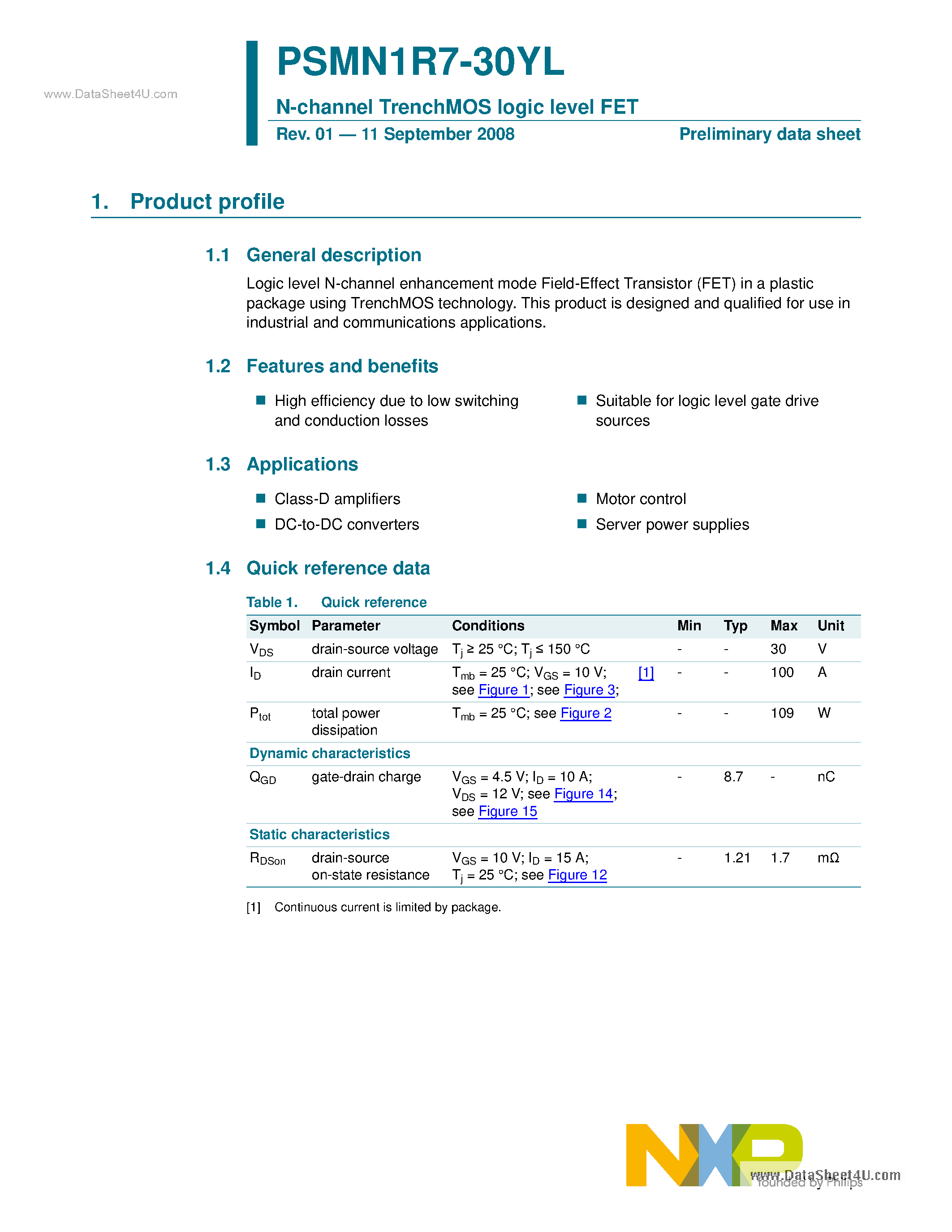 Datasheet PSMN1R7-30YL page 1 Datasheet PSMN1R7-30YL - N-channel TrenchMOS logic level FET page 1