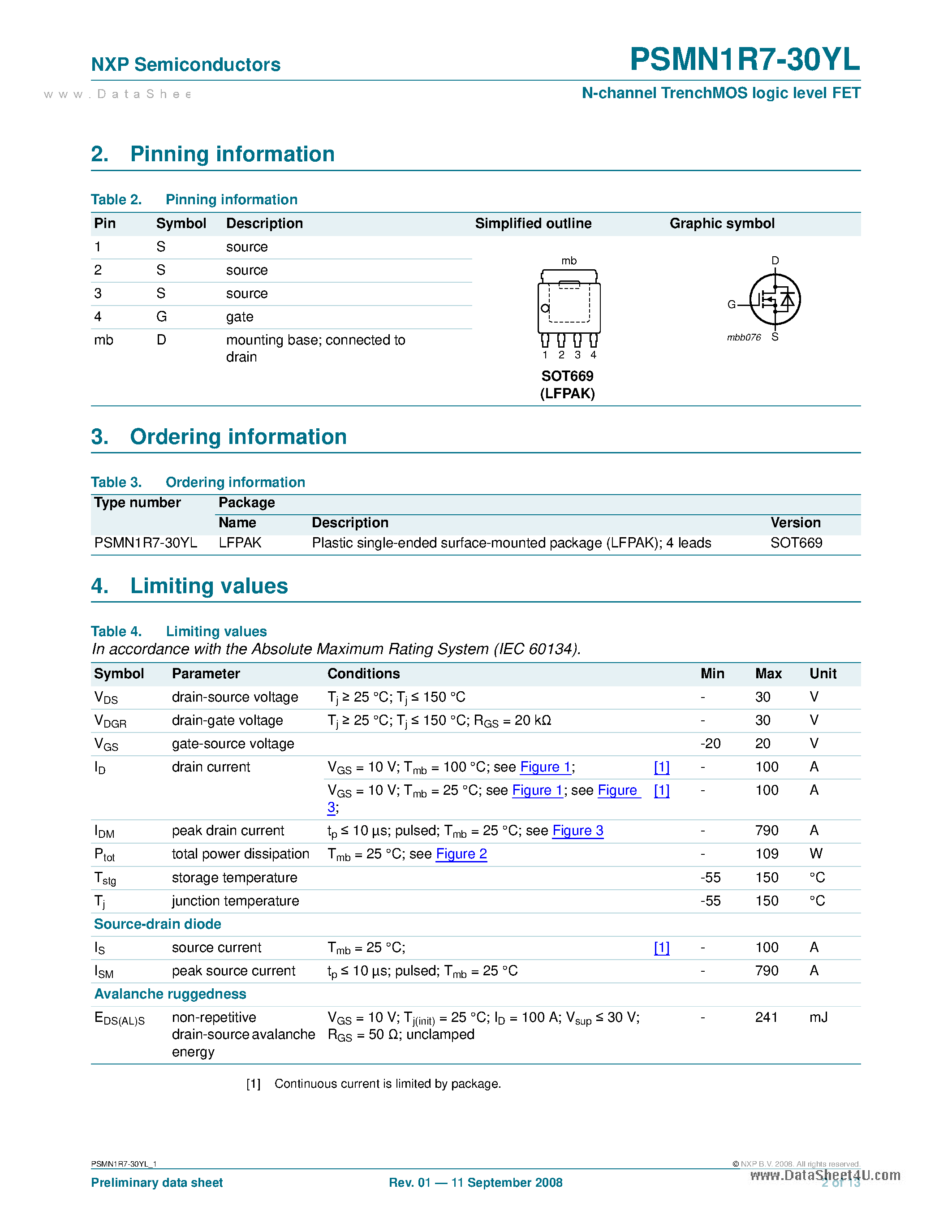 Datasheet PSMN1R7-30YL page 2 Datasheet PSMN1R7-30YL - N-channel TrenchMOS logic level FET page 2