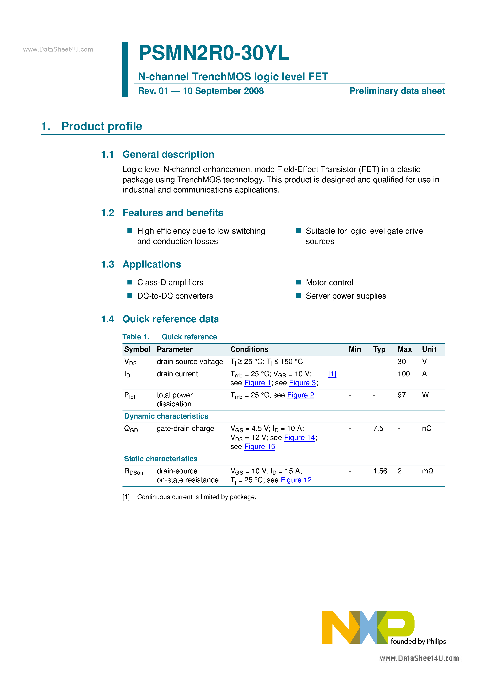 Datasheet PSMN2R0-30YL page 1 Datasheet PSMN2R0-30YL - N-channel TrenchMOS logic level FET page 1