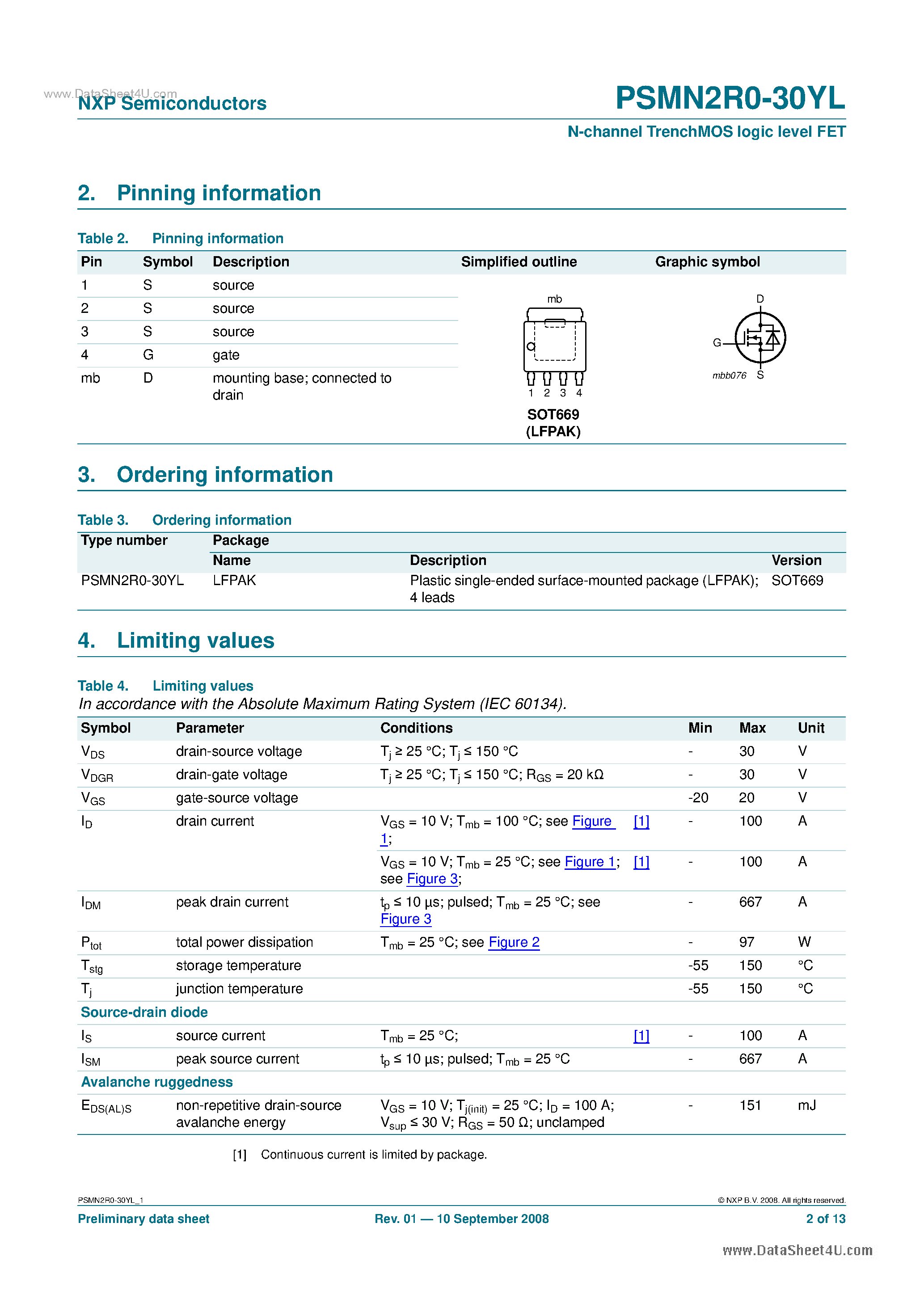 Datasheet PSMN2R0-30YL page 2 Datasheet PSMN2R0-30YL - N-channel TrenchMOS logic level FET page 2