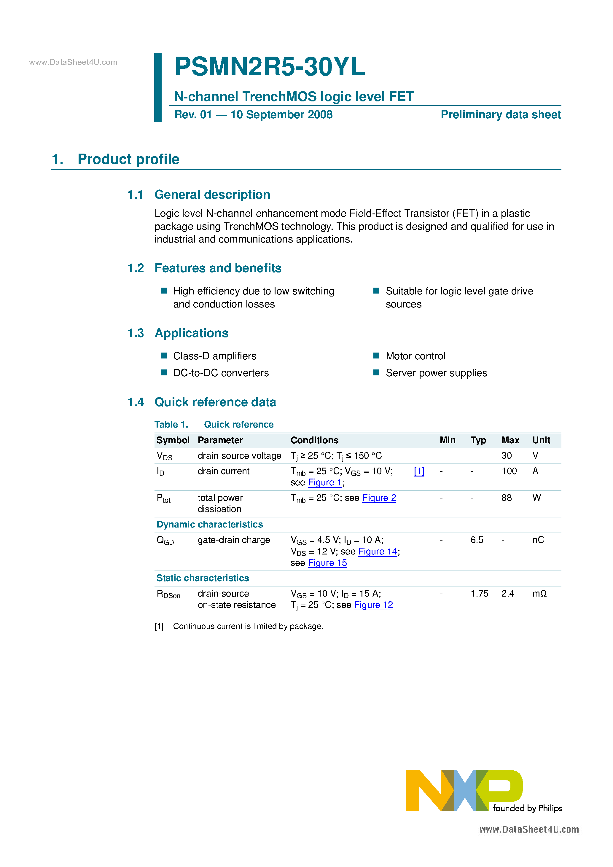 Datasheet PSMN2R5-30YL page 1 Datasheet PSMN2R5-30YL - N-channel TrenchMOS logic level FET page 1