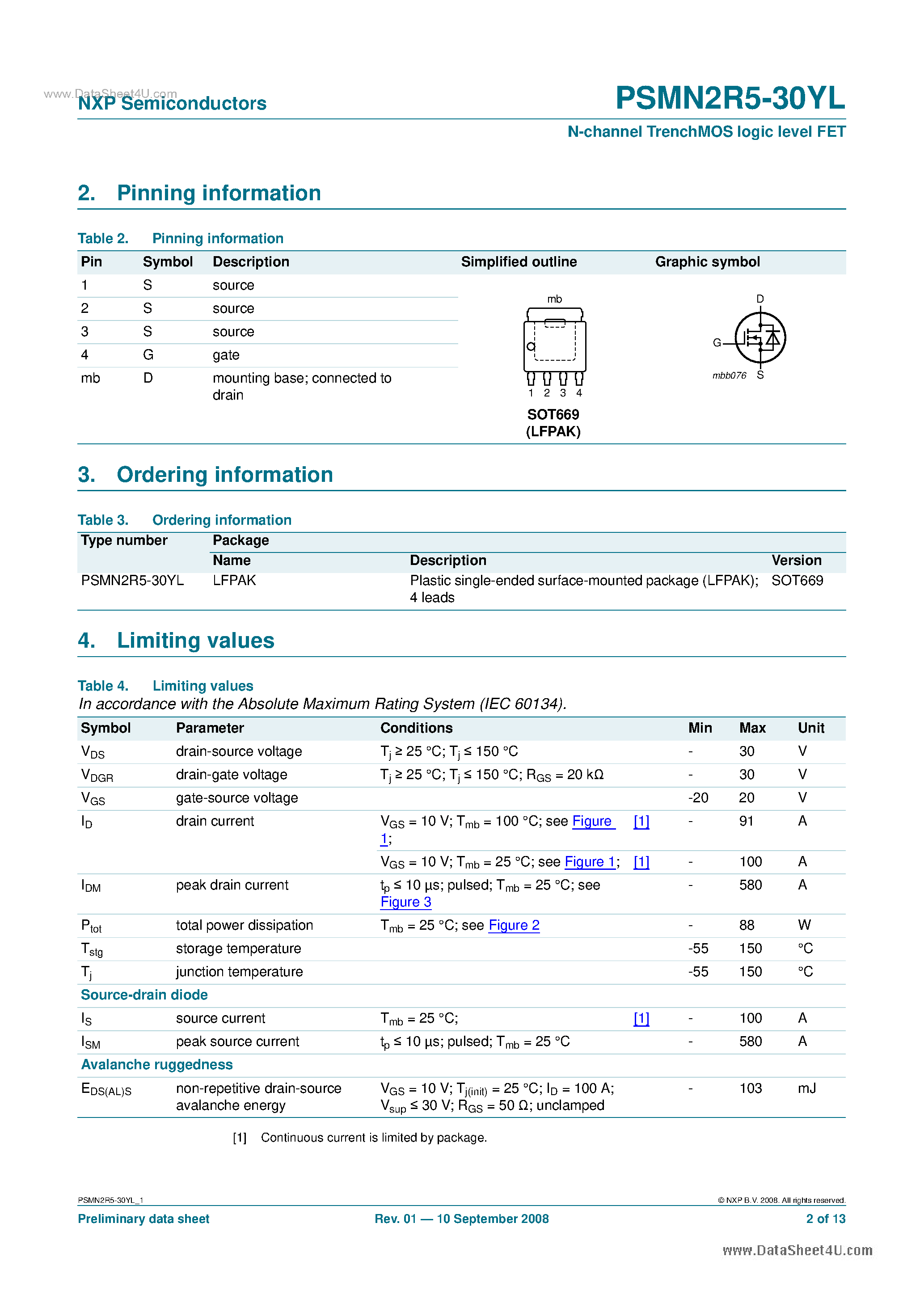 Datasheet PSMN2R5-30YL page 2 Datasheet PSMN2R5-30YL - N-channel TrenchMOS logic level FET page 2