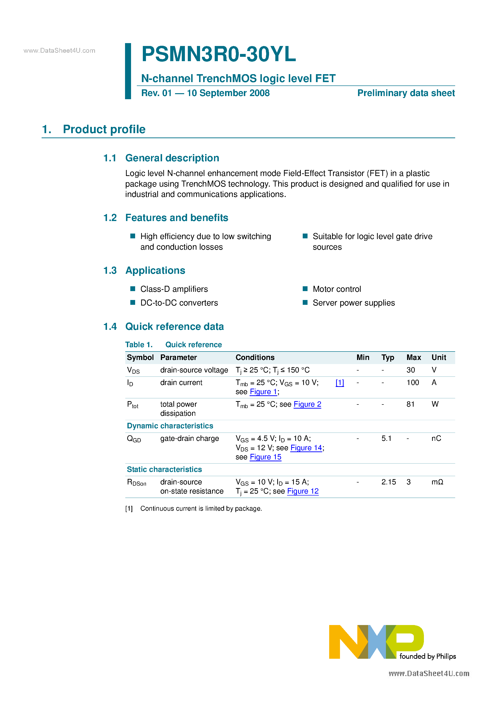 Datasheet PSMN3R0-30YL - N-channel TrenchMOS logic level FET page 1