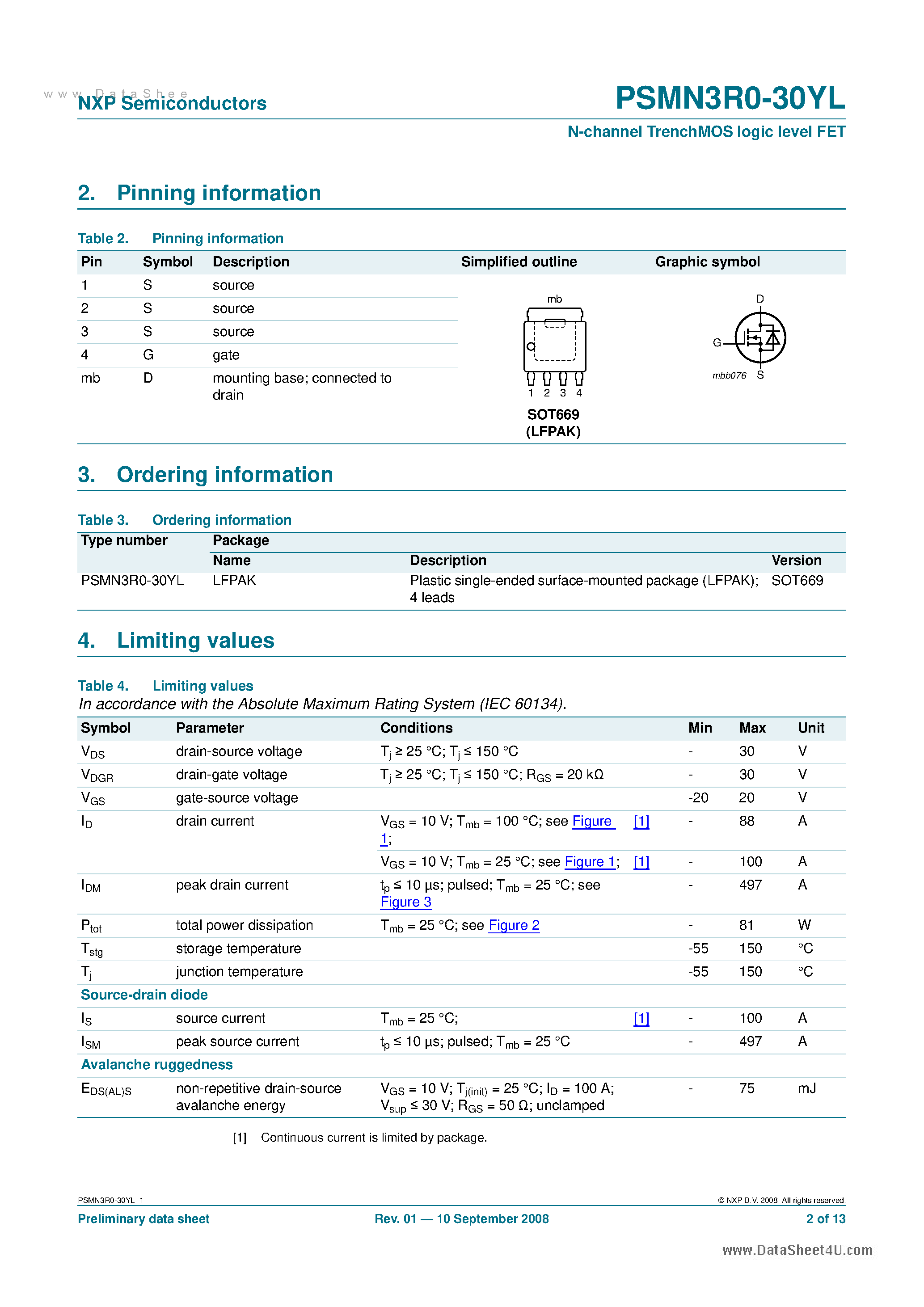 Datasheet PSMN3R0-30YL - N-channel TrenchMOS logic level FET page 2