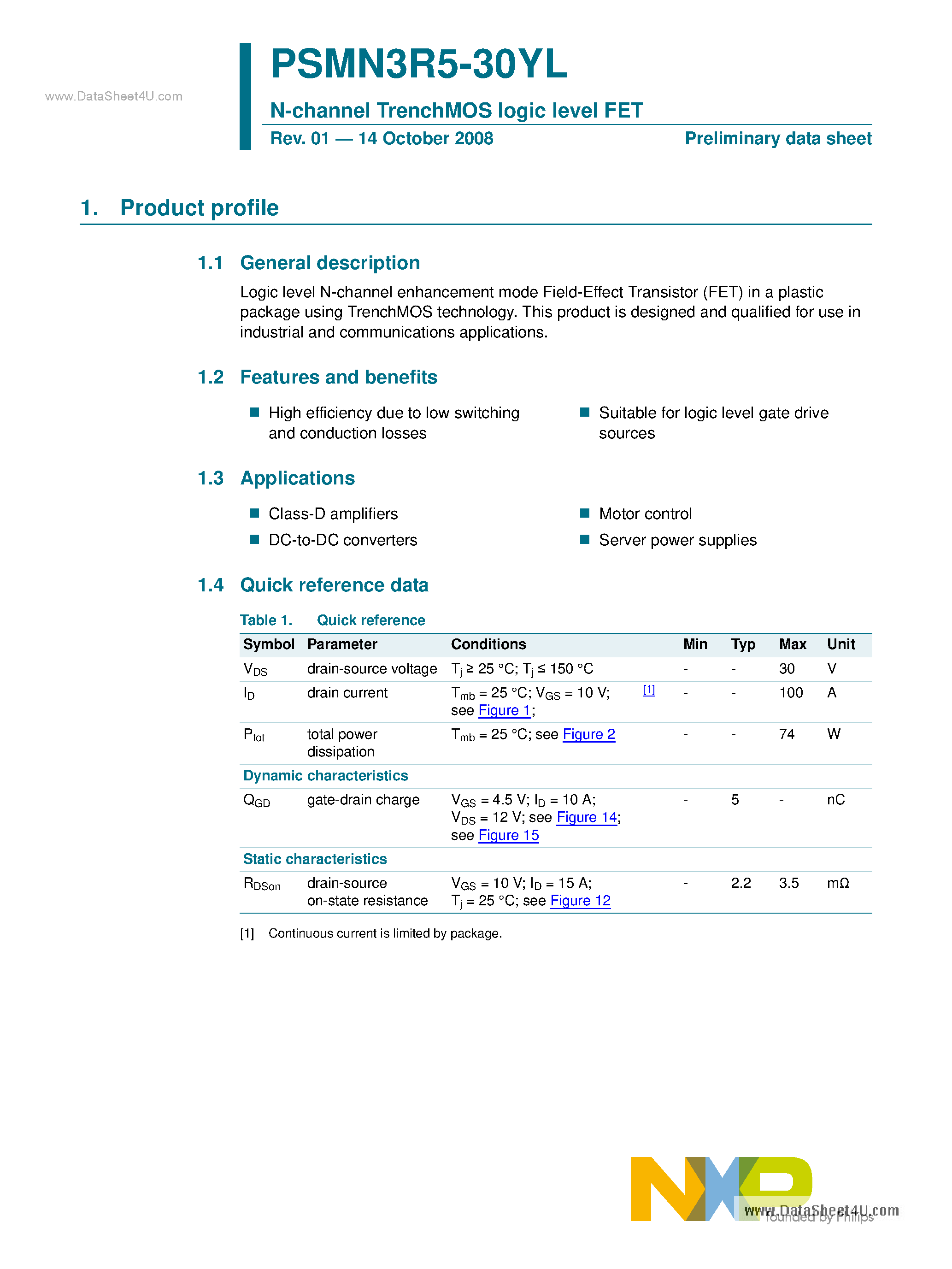 Datasheet PSMN3R5-30YL page 1 Datasheet PSMN3R5-30YL - N-channel TrenchMOS logic level FET page 1