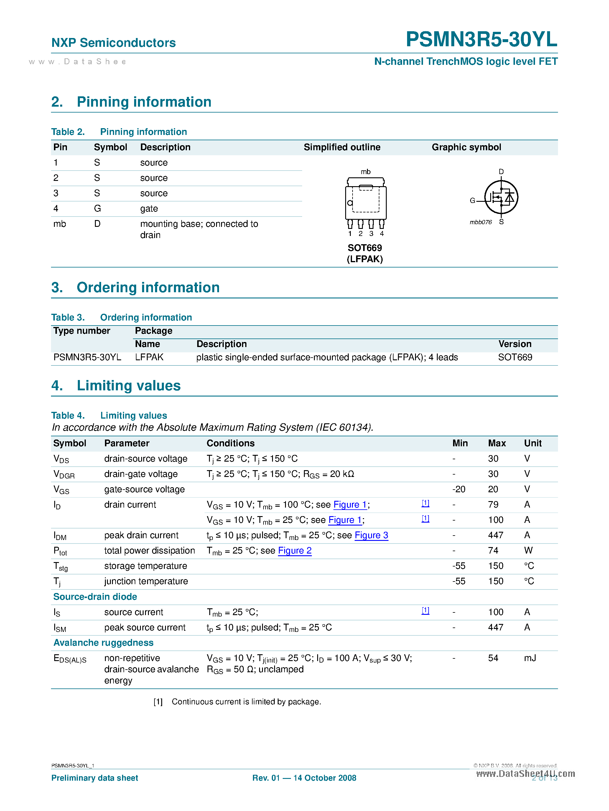 Datasheet PSMN3R5-30YL page 2 Datasheet PSMN3R5-30YL - N-channel TrenchMOS logic level FET page 2
