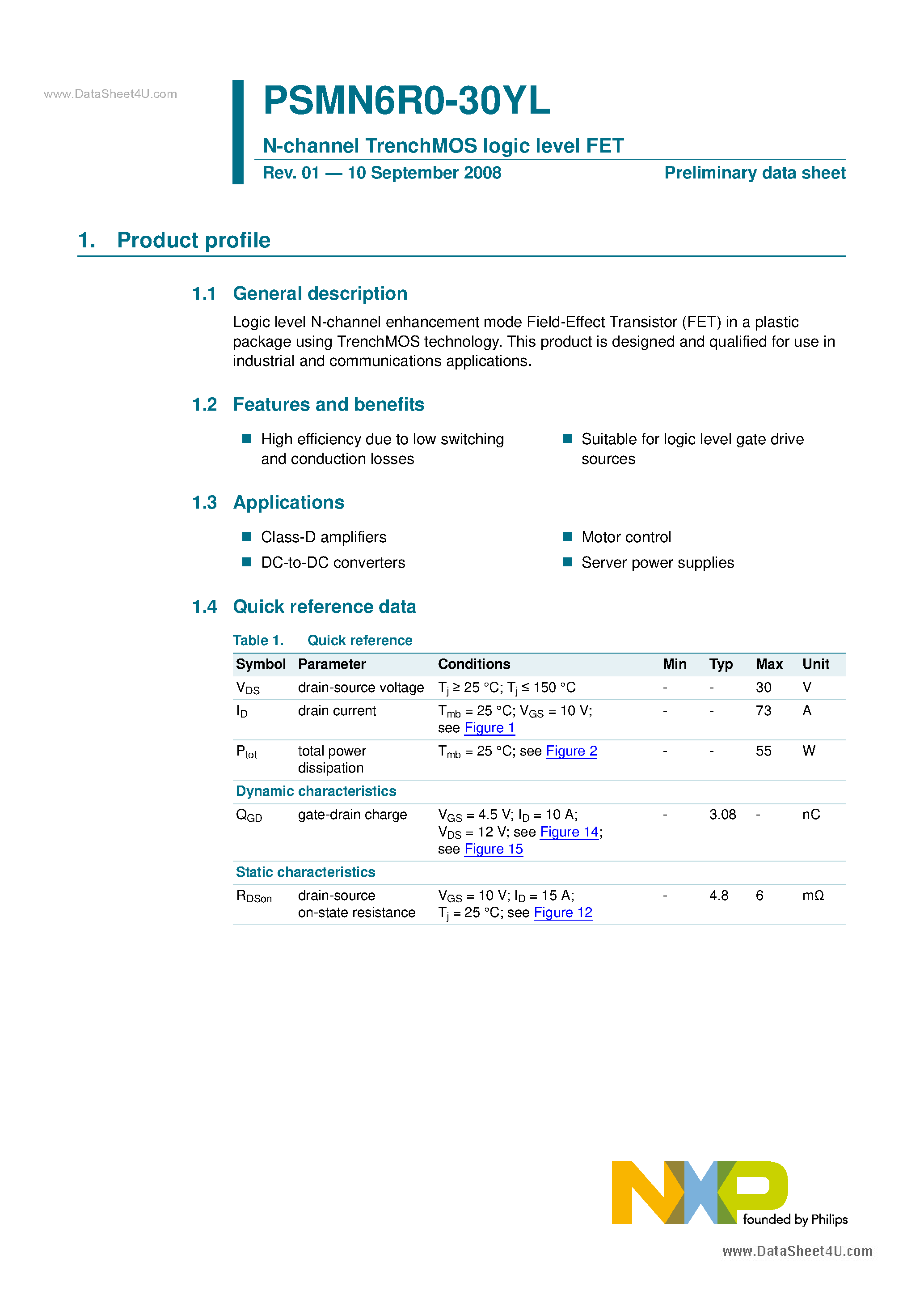 Datasheet PSMN6R0-30YL page 1 Datasheet PSMN6R0-30YL - N-channel TrenchMOS logic level FET page 1