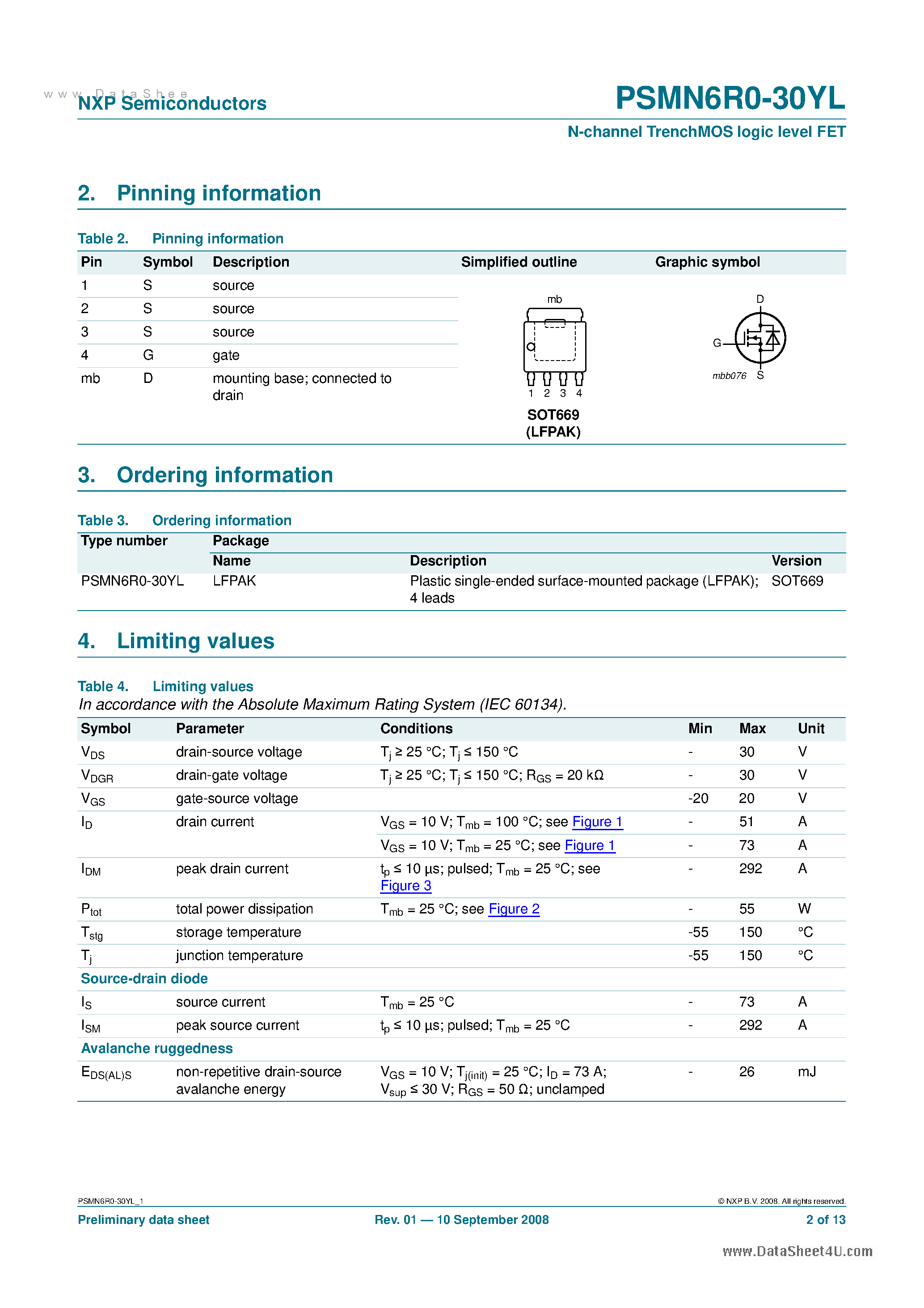 Datasheet PSMN6R0-30YL page 2 Datasheet PSMN6R0-30YL - N-channel TrenchMOS logic level FET page 2