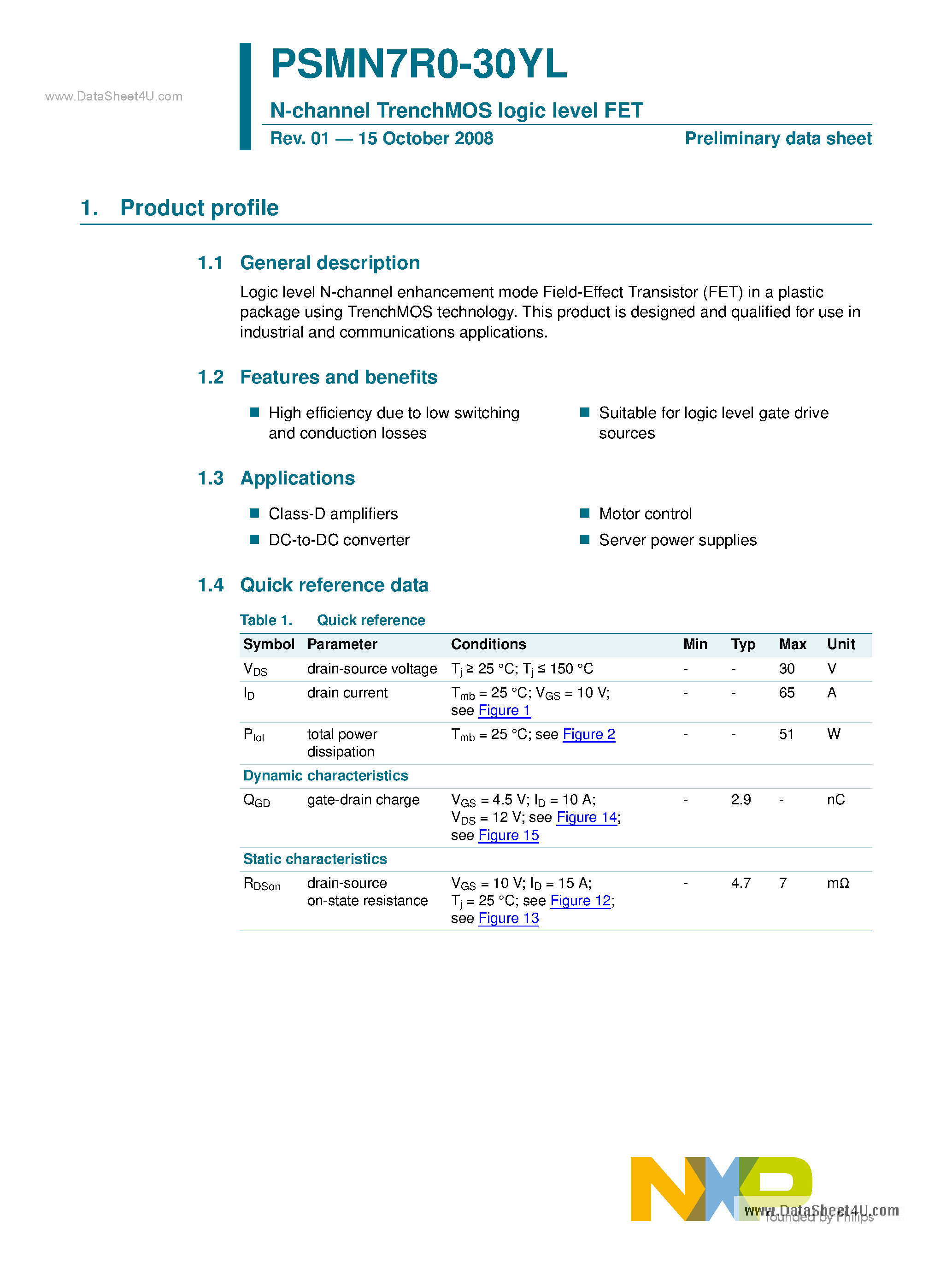 Datasheet PSMN7R0-30YL page 1 Datasheet PSMN7R0-30YL - N-channel TrenchMOS logic level FET page 1