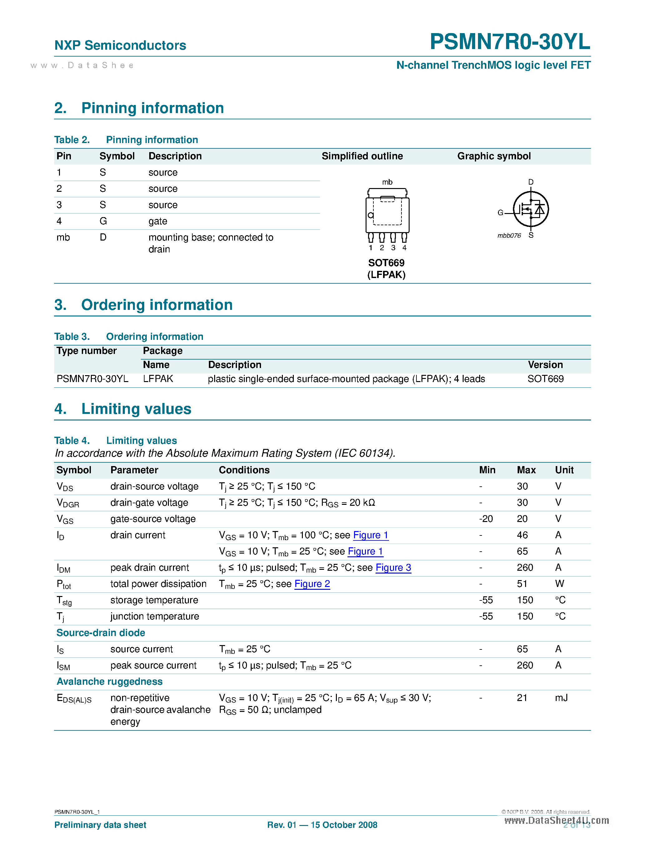 Datasheet PSMN7R0-30YL page 2 Datasheet PSMN7R0-30YL - N-channel TrenchMOS logic level FET page 2