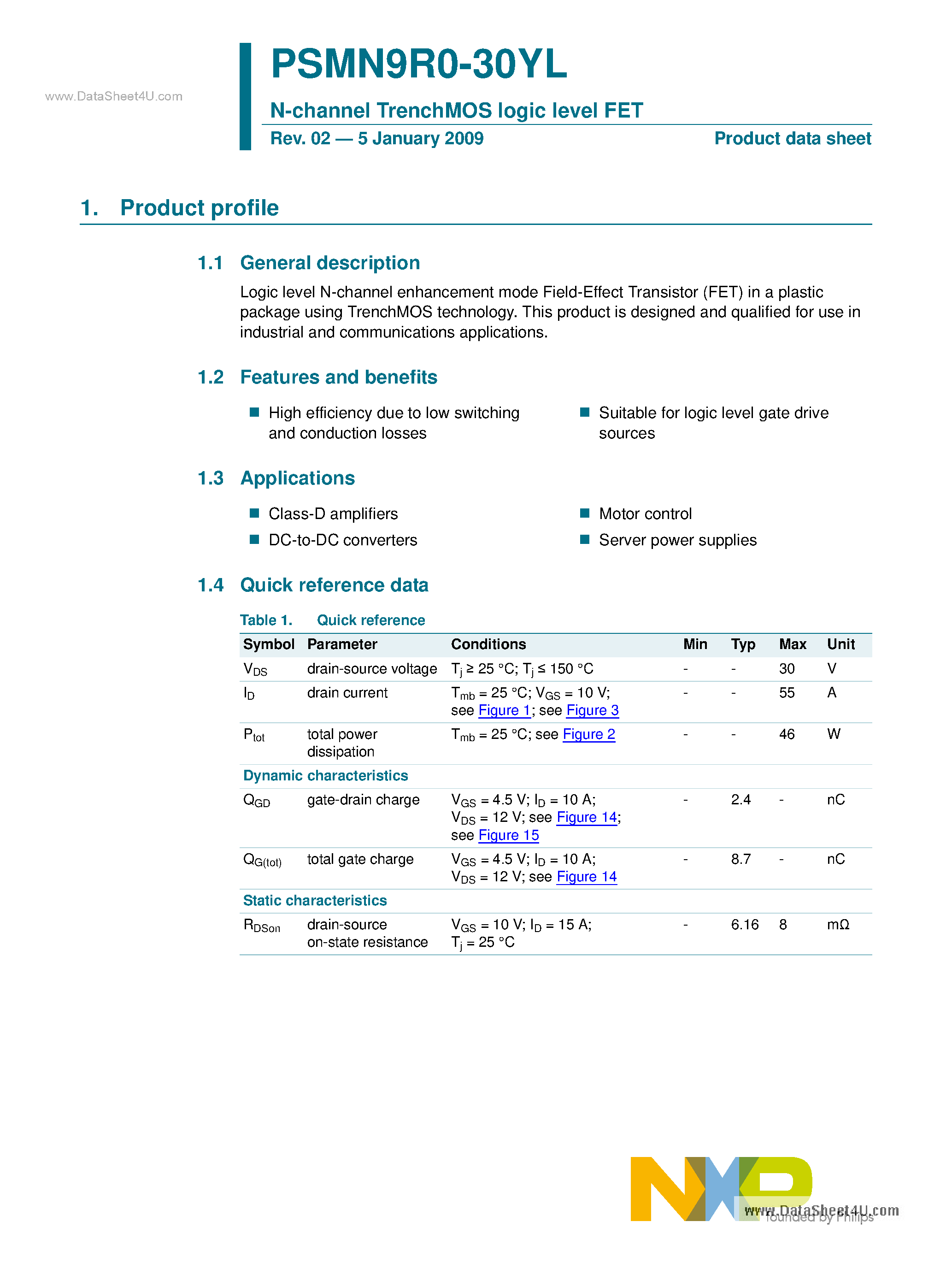 Datasheet PSMN9R0-30YL - N-channel TrenchMOS logic level FET page 1