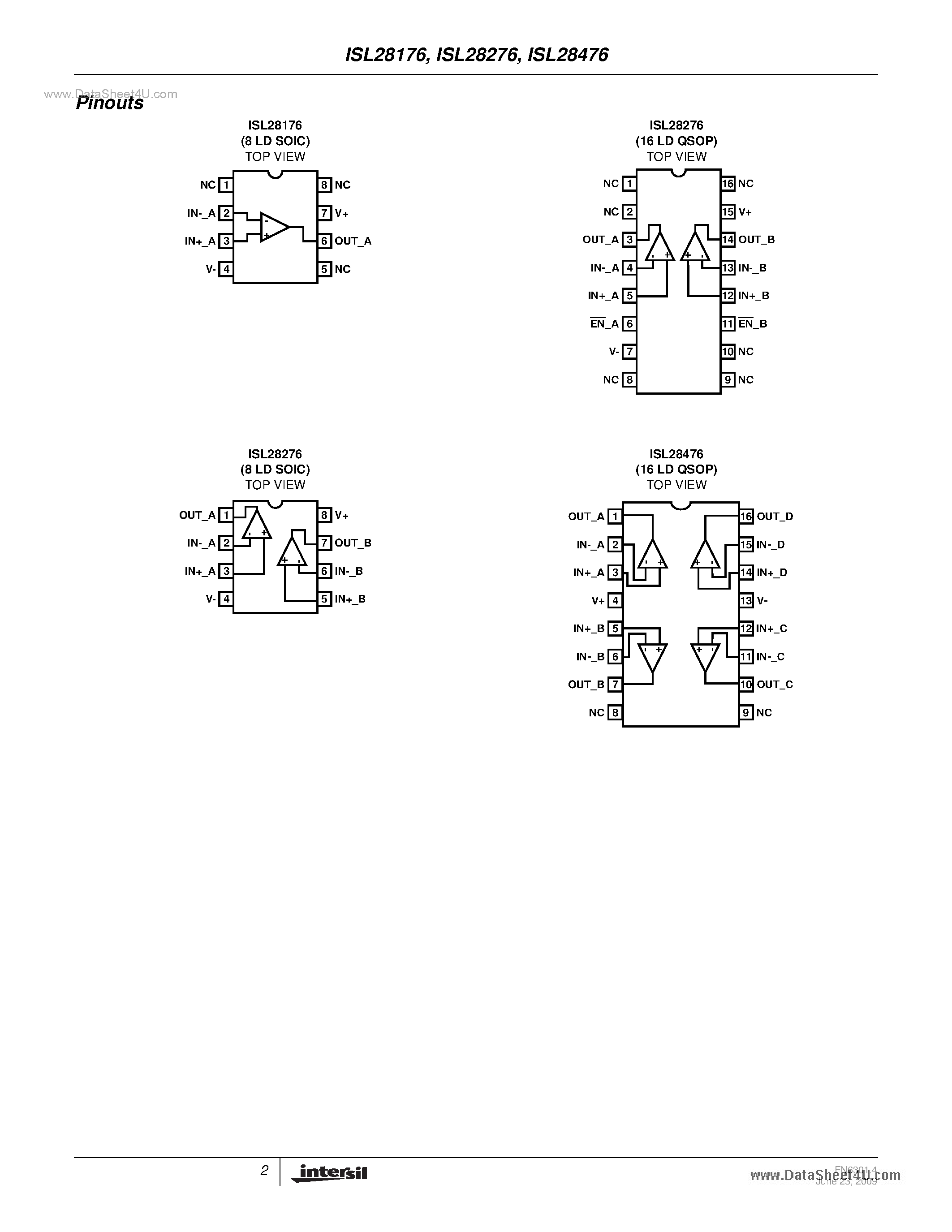 Даташит ISL28276 - (ISL28x76) Micropower Single Supply Rail-to-Rail Input And Output (RRIO) Precision Op Amp страница 2