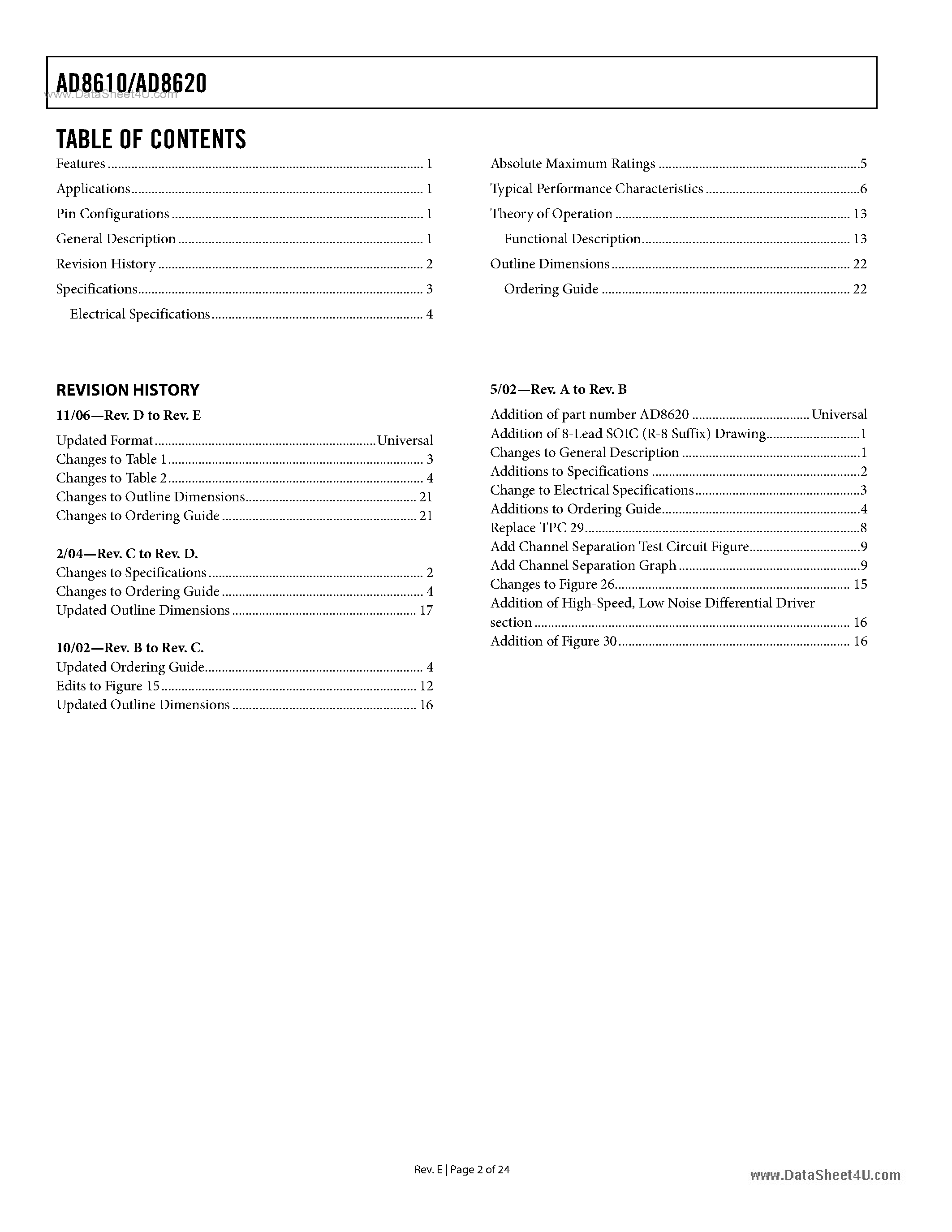 Даташит AD8610 - (AD8610 / AD8620) Wide Bandwidth JFET Operational Amplifier страница 2