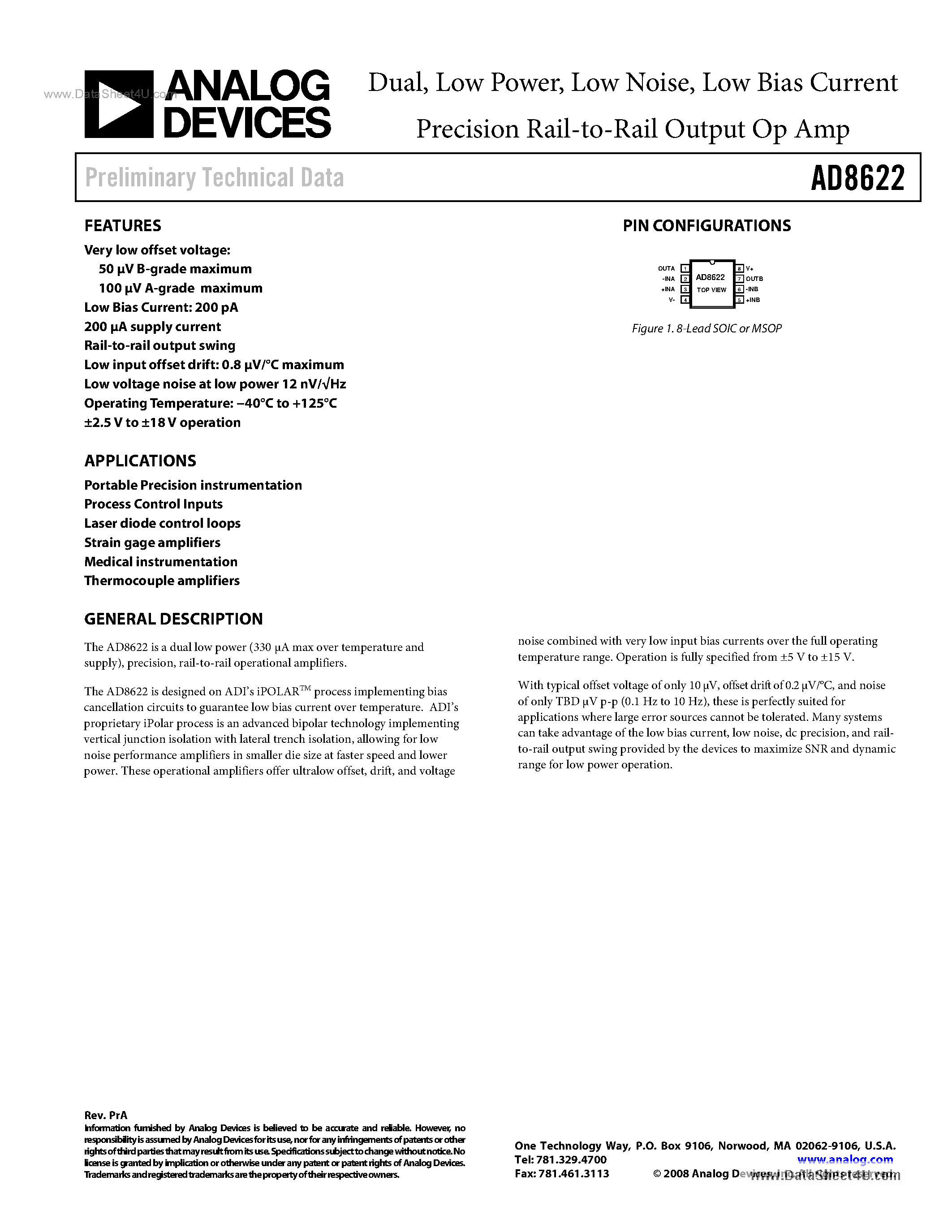 Datasheet AD8622 page 1 Datasheet AD8622 - Low Bias Current Precision Rail-to-Rail Output Op Amp page 1