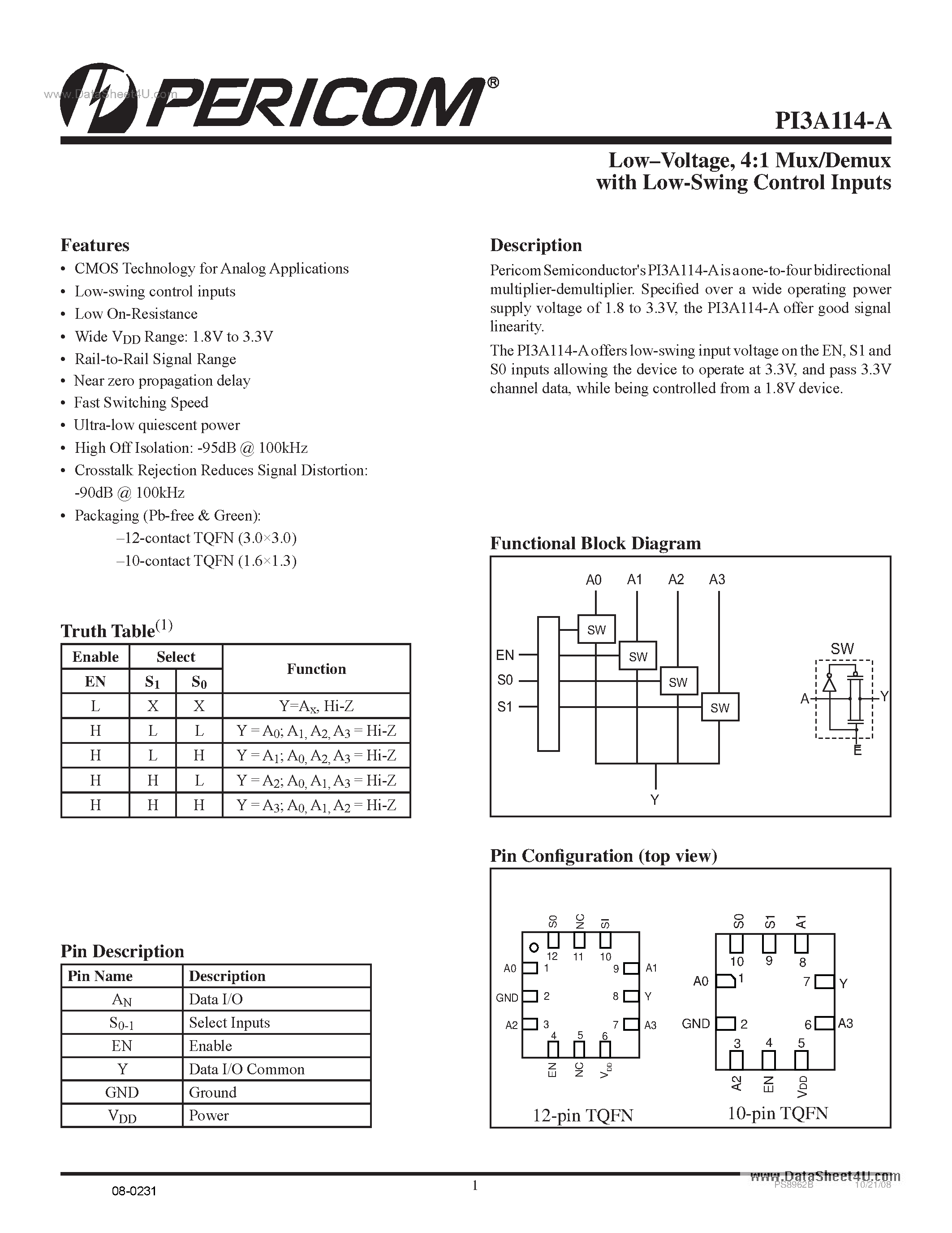 Datasheet PI3A114-A - 1:4 Mux/Demux page 1