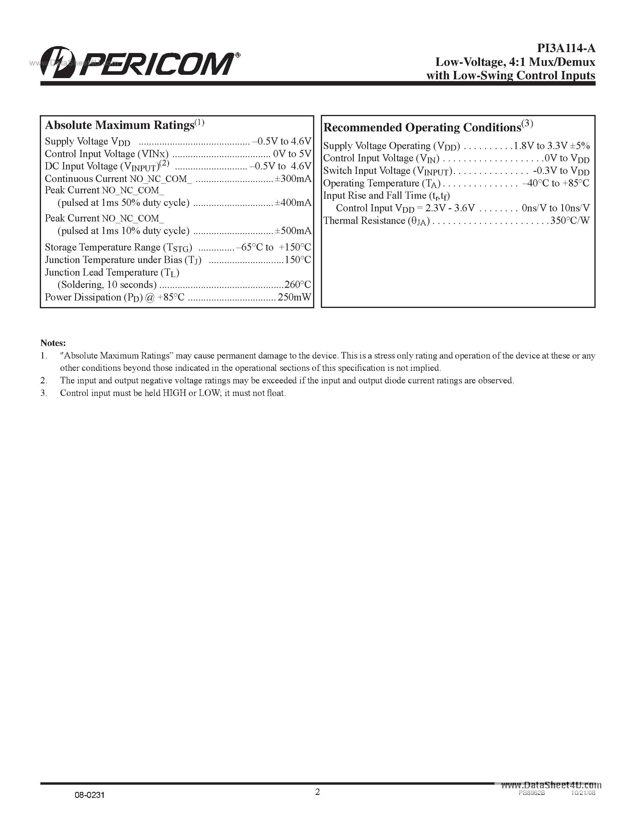 Datasheet PI3A114-A - 1:4 Mux/Demux page 2