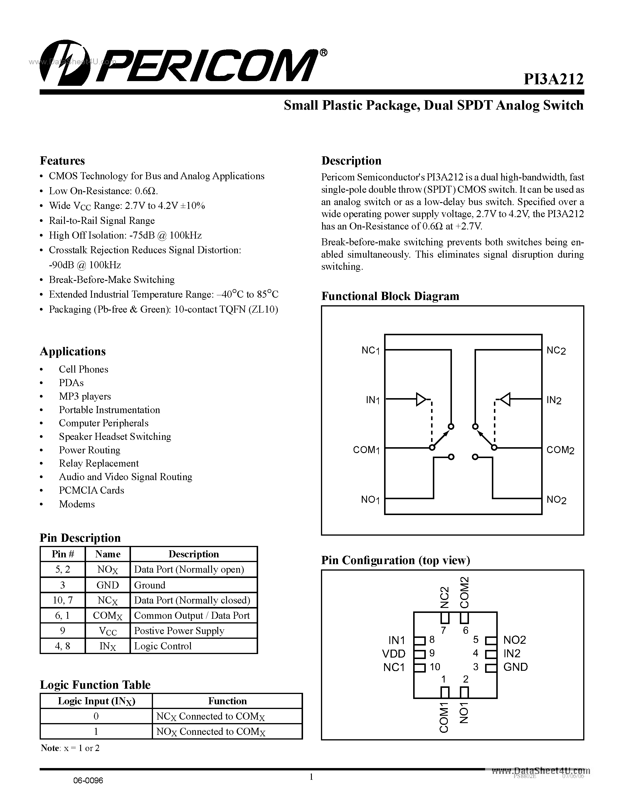 Datasheet PI3A212 page 1 Datasheet PI3A212 - Dual SPDT Analog Switch page 1
