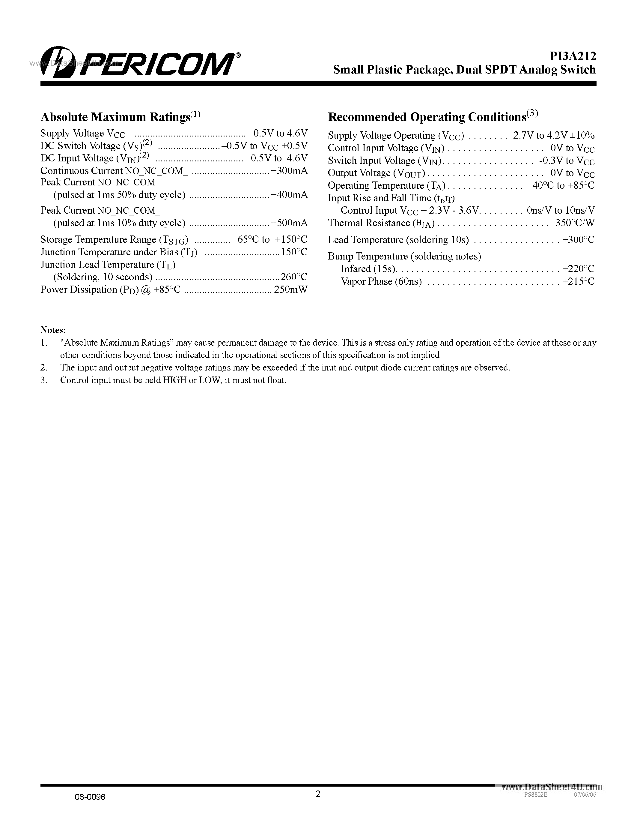 Datasheet PI3A212 page 2 Datasheet PI3A212 - Dual SPDT Analog Switch page 2