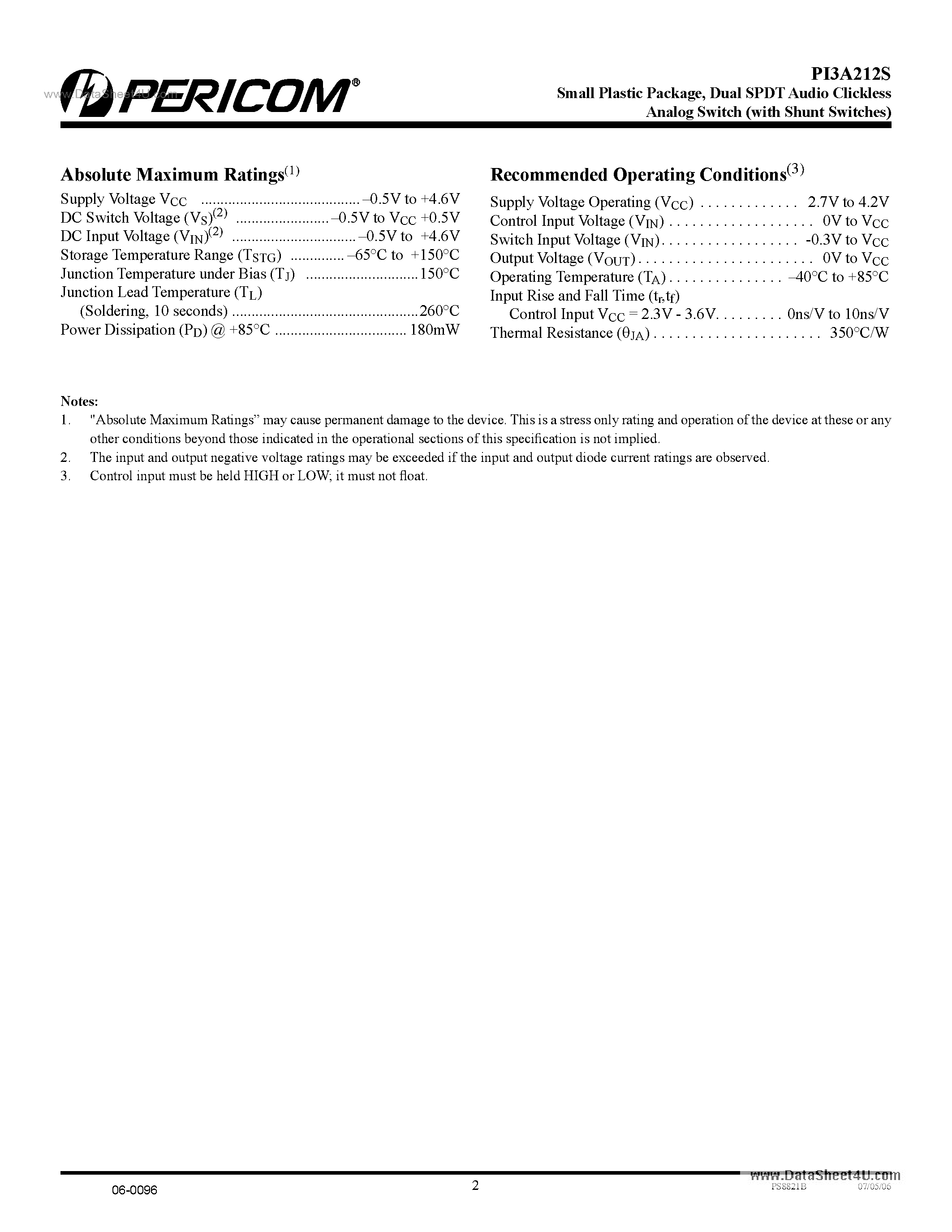 Datasheet PI3A212S page 2 Datasheet PI3A212S - Dual SPDT Audio Clickless Analog Switch page 2