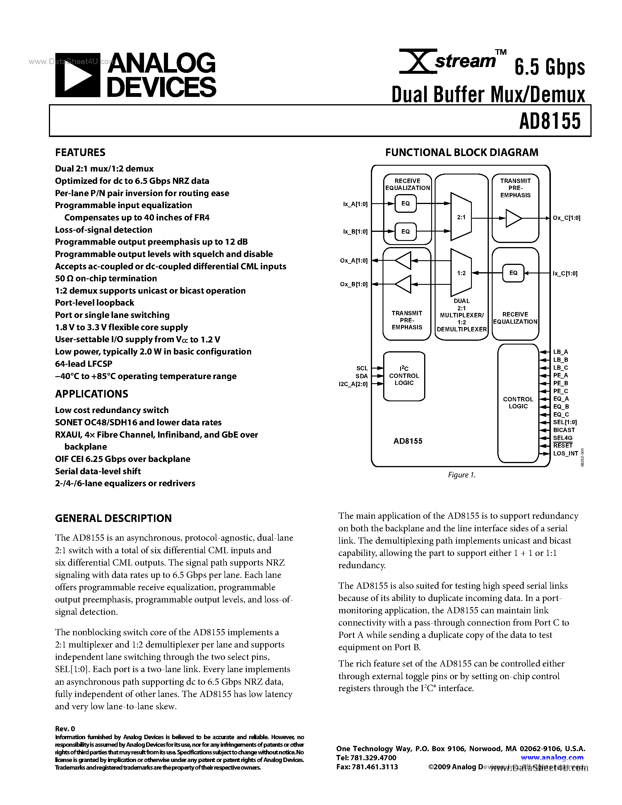 Datasheet AD8155 - 6.5 Gbps Dual Buffer Mux/Demux page 1