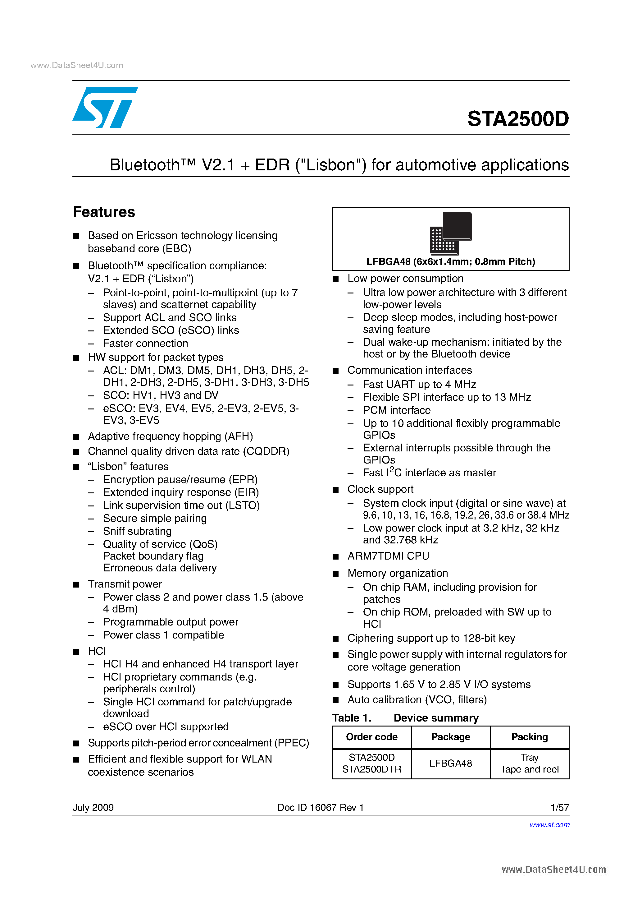 Datasheet STA2500D page 1 Datasheet STA2500D - Wireless Communication & Connectivity ICs page 1