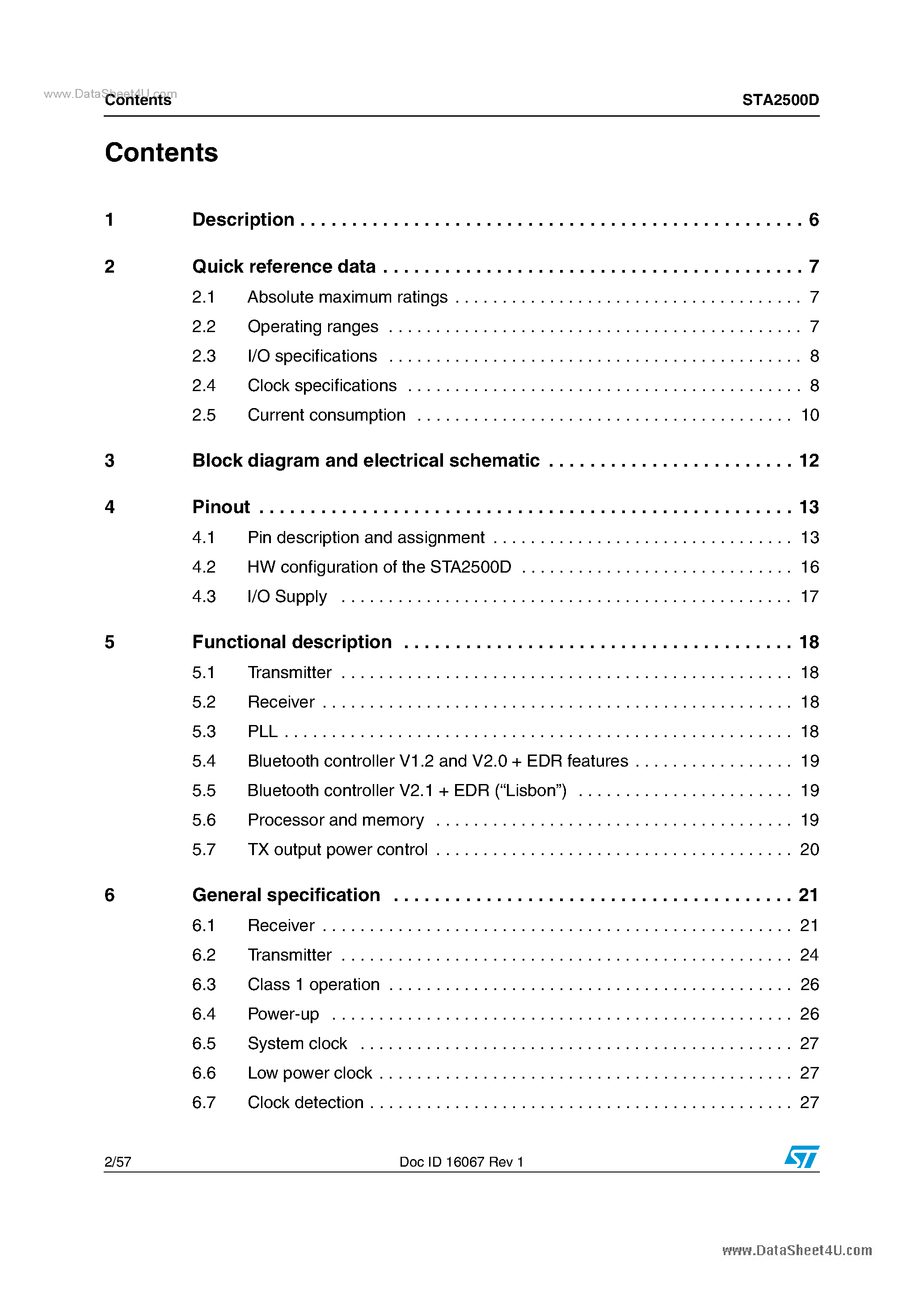 Datasheet STA2500D page 2 Datasheet STA2500D - Wireless Communication & Connectivity ICs page 2
