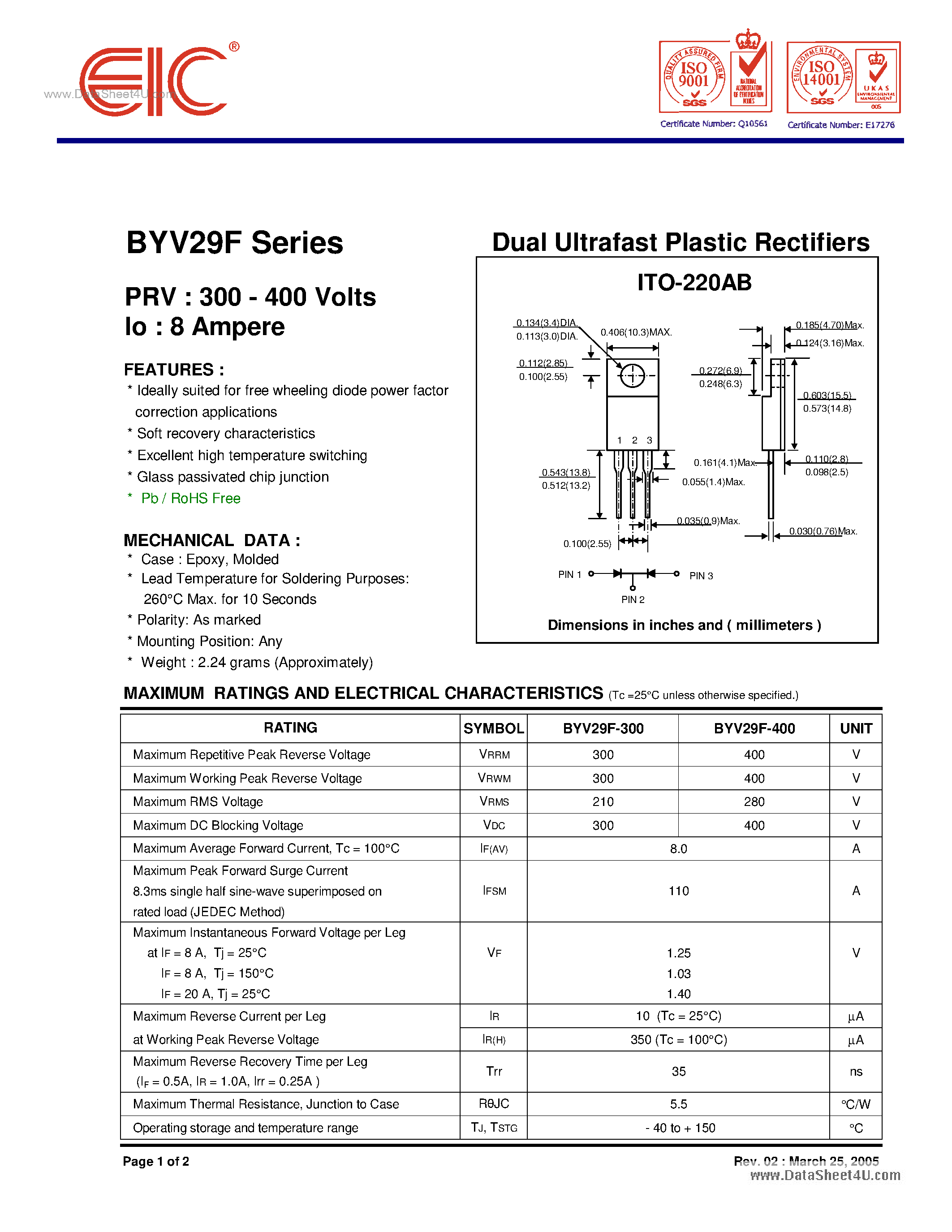 Datasheet BYV29F page 1 Datasheet BYV29F - Dual Ultrafast Plastic Rectifiers page 1