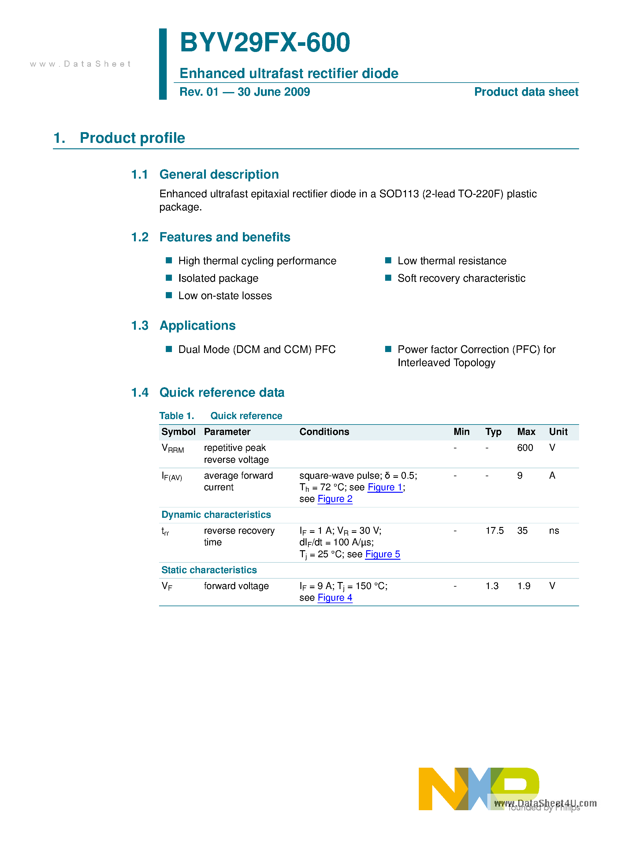 Даташит BYV29FX-600 - Enhanced Ultrafast Rectifier Diode страница 1