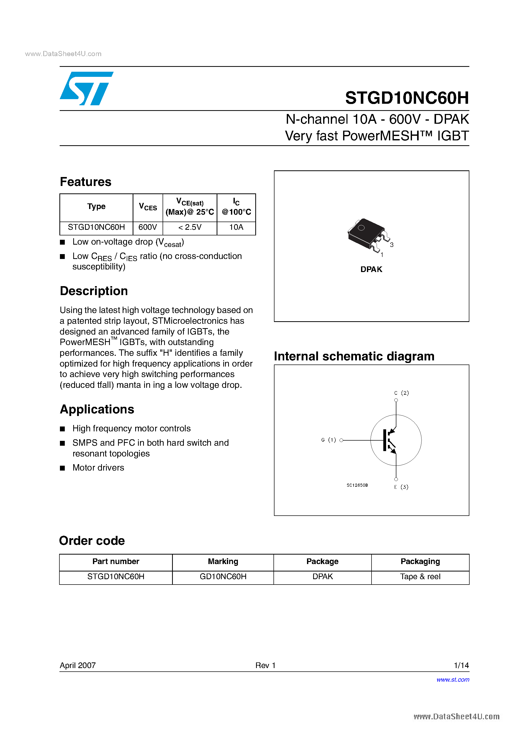 Datasheet STGD10NC60H - N-channel IGBT page 1