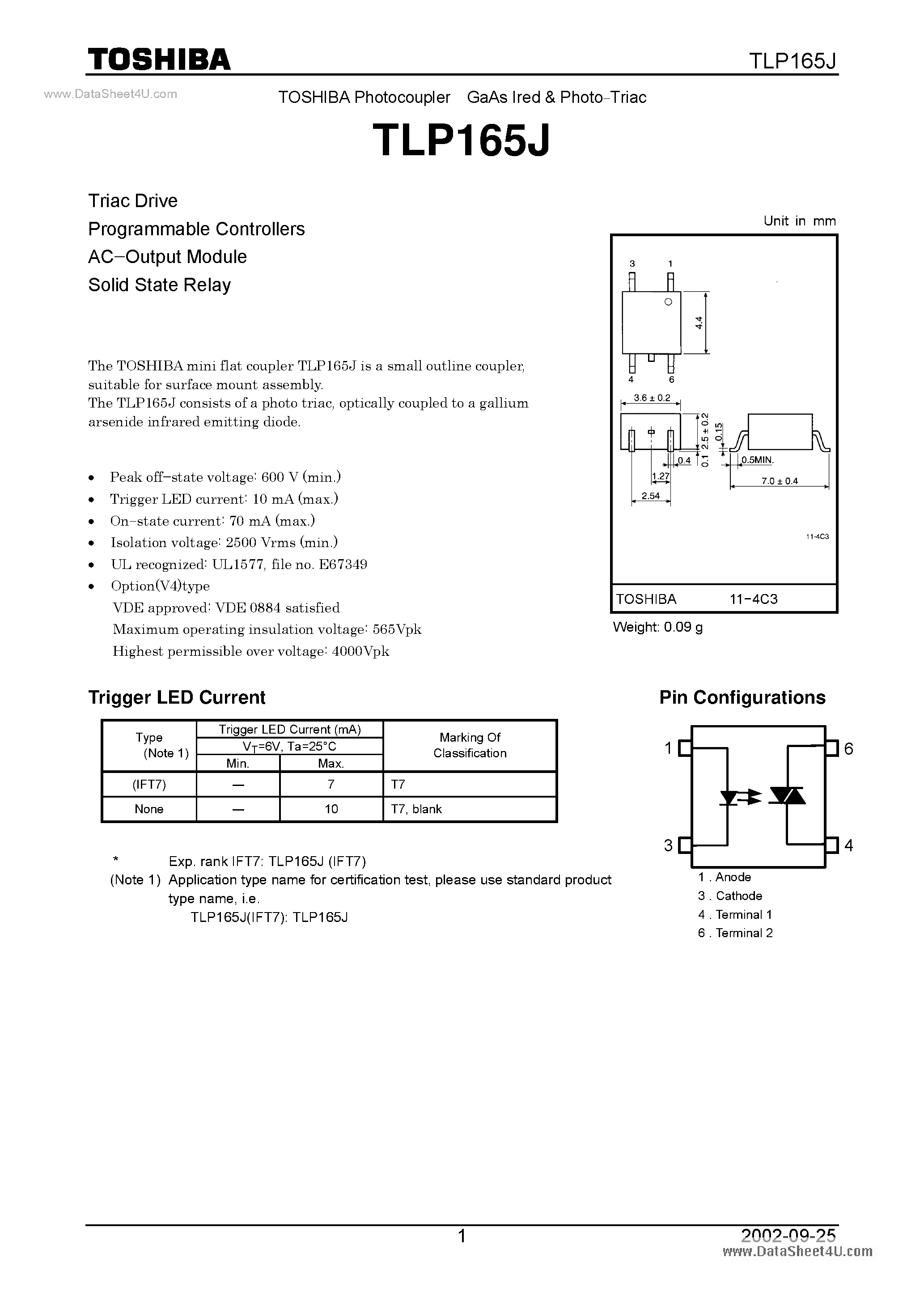 Datasheet TLP165J page 1 Datasheet TLP165J - Photocoupler GaAs Ired & Photo-Triac page 1