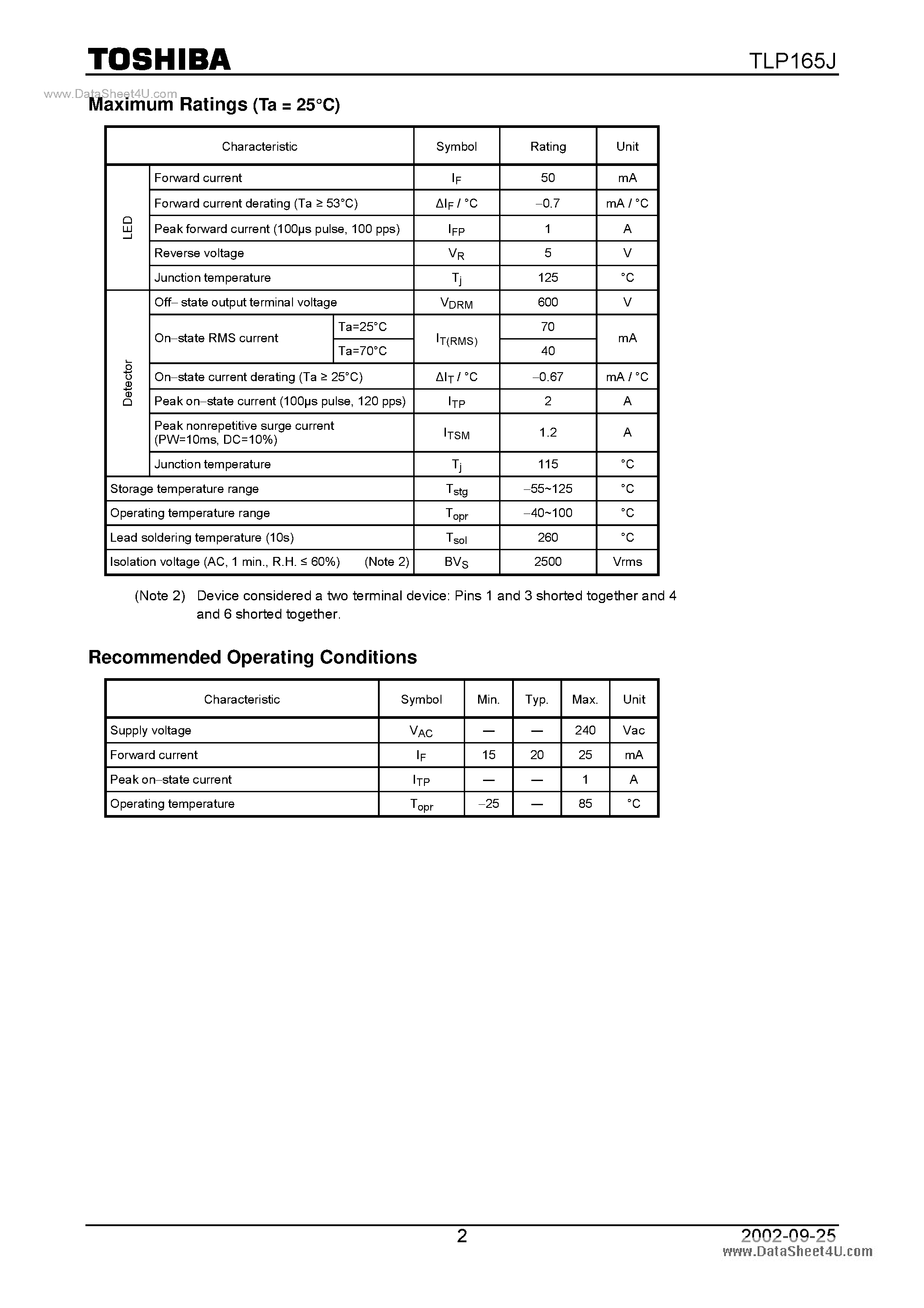 Datasheet TLP165J page 2 Datasheet TLP165J - Photocoupler GaAs Ired & Photo-Triac page 2