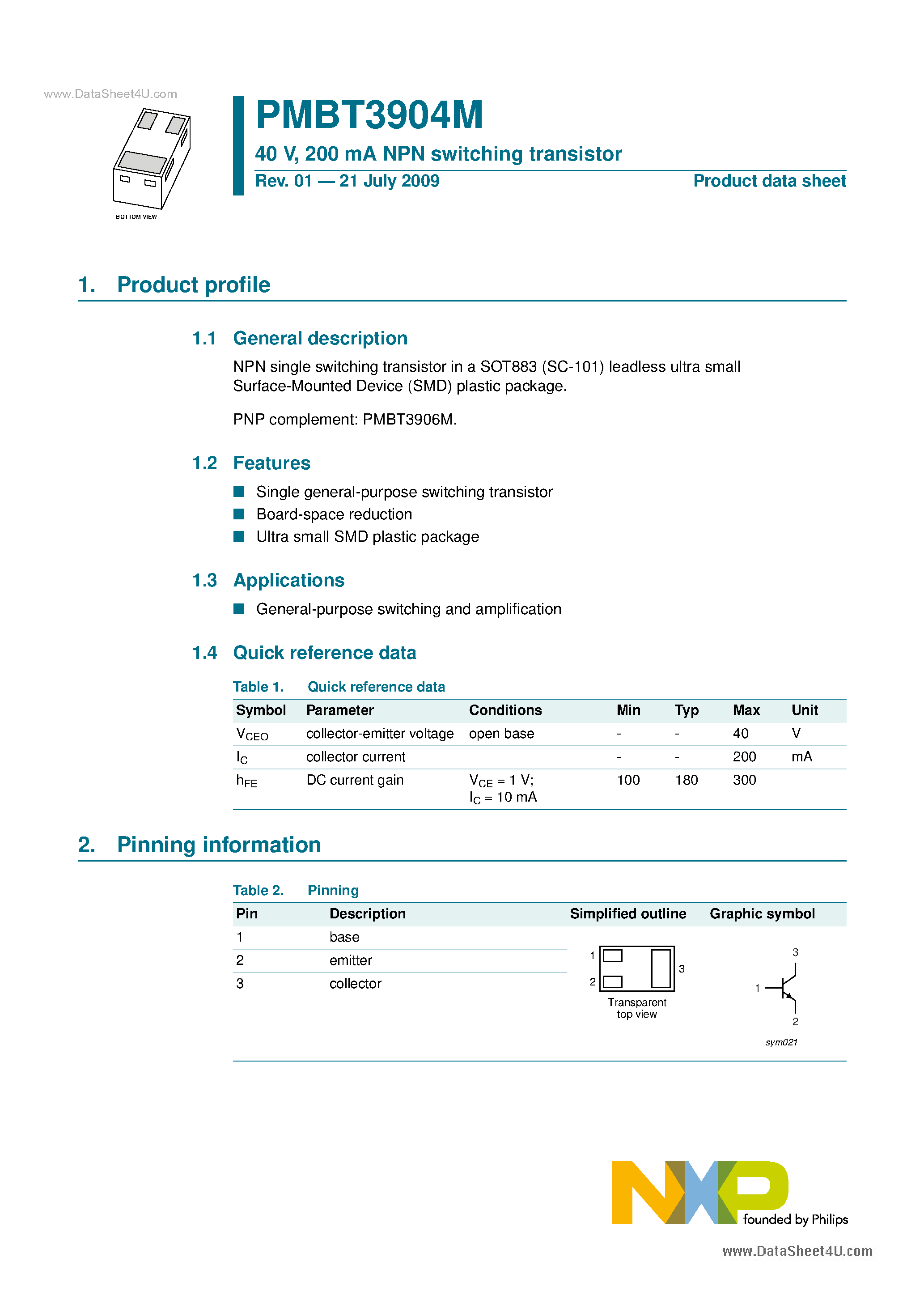 Datasheet PMBT3904M - 200 MA NPN Switching Transistor page 1