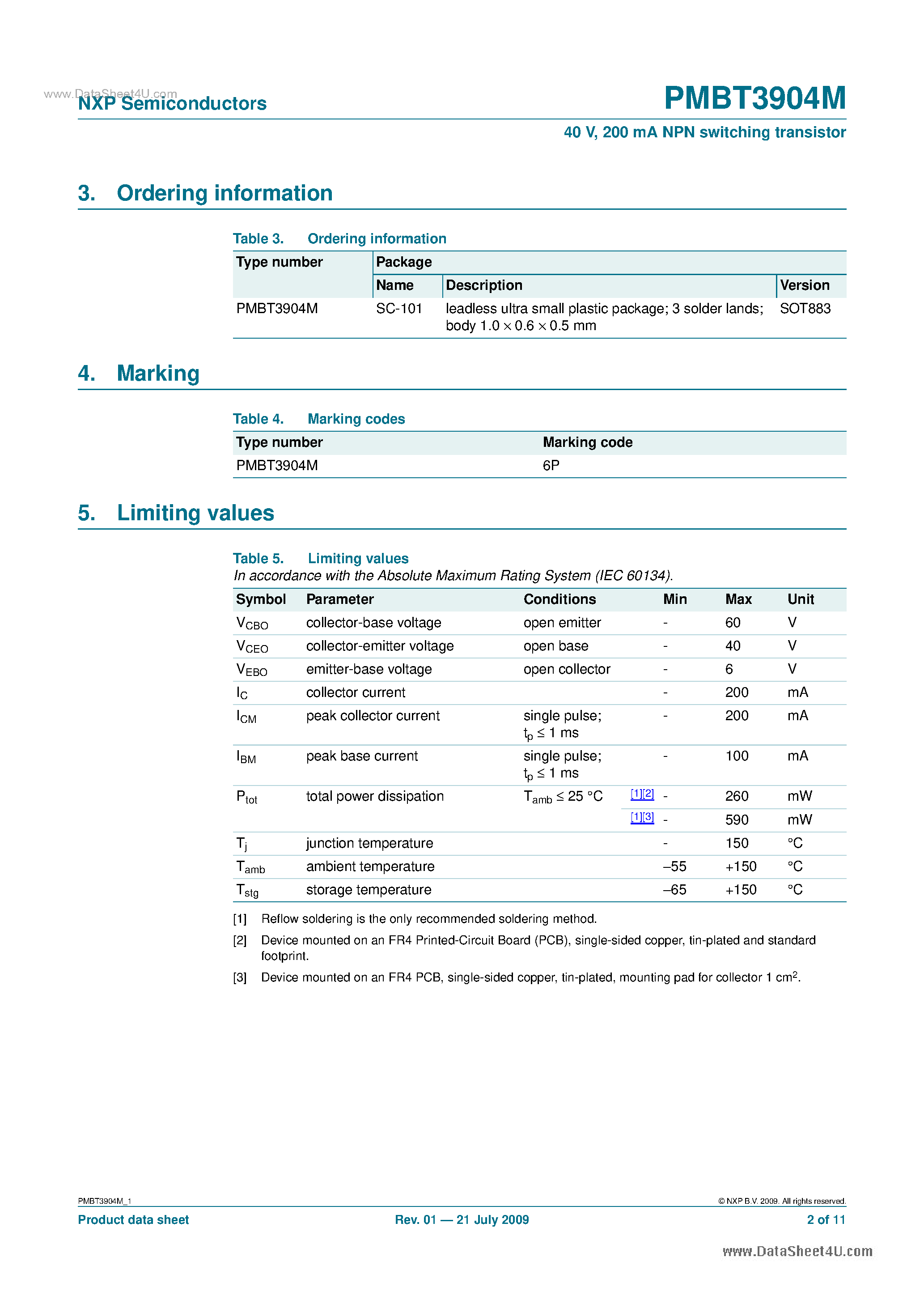 Datasheet PMBT3904M - 200 MA NPN Switching Transistor page 2
