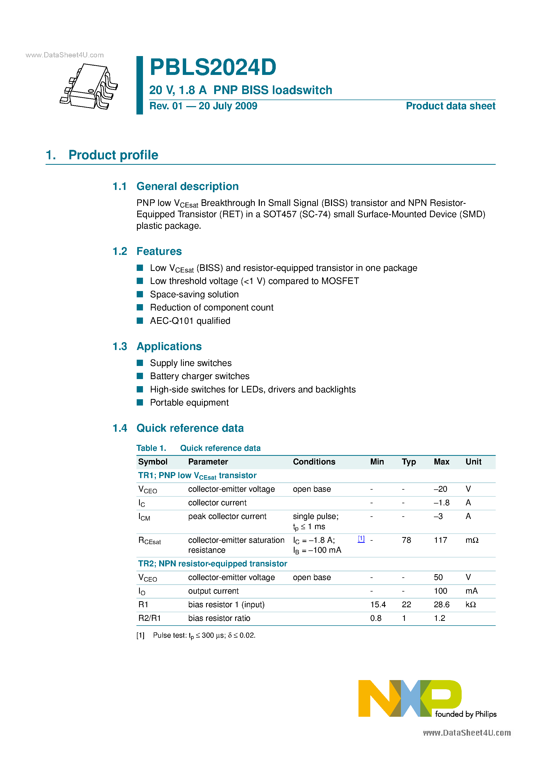 Datasheet PBLS2024D page 1 Datasheet PBLS2024D - 1.8 A PNP BISS Loadswitch page 1