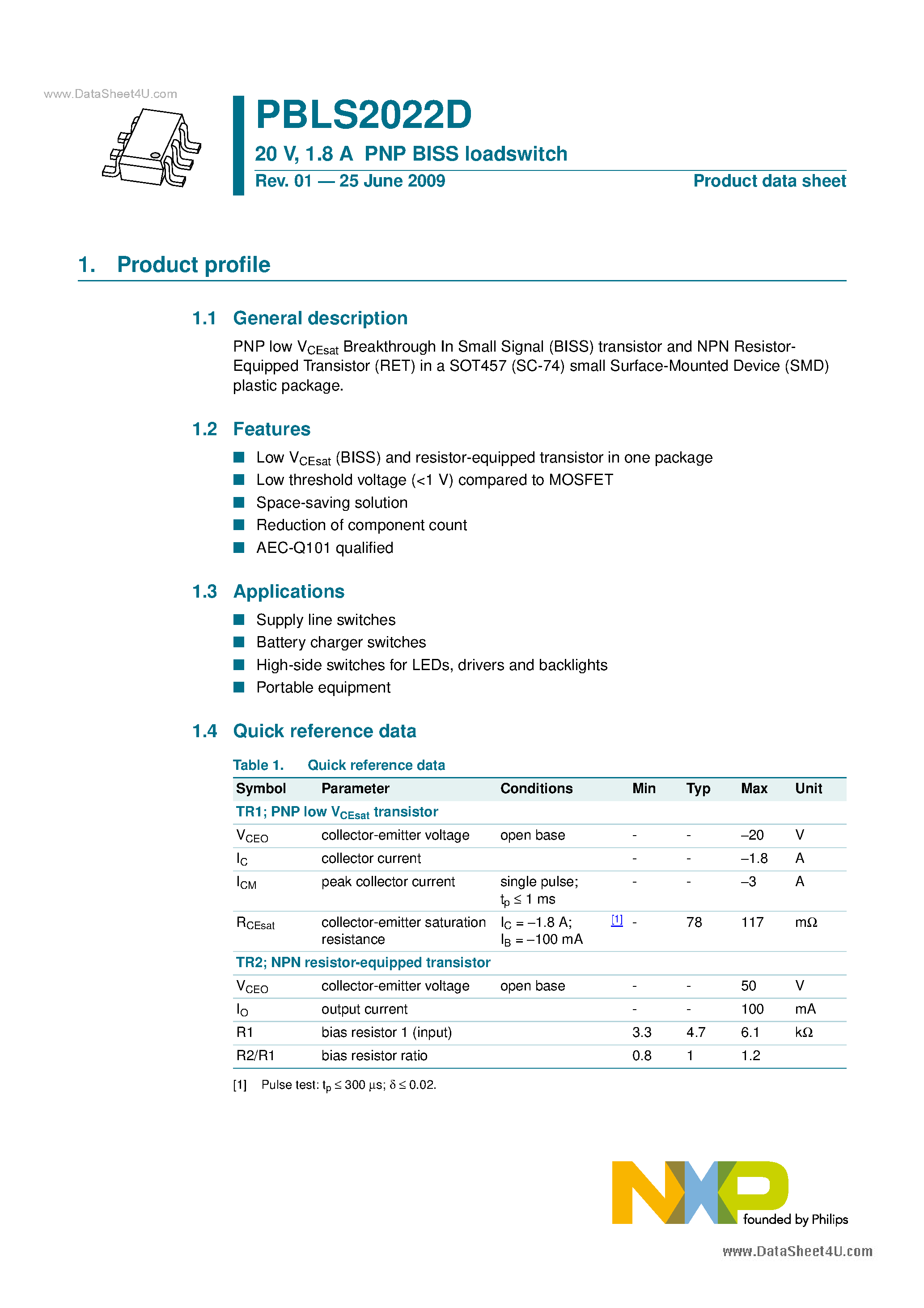 Datasheet PBLS2022D - 1.8 A PNP BISS Loadswitch page 1