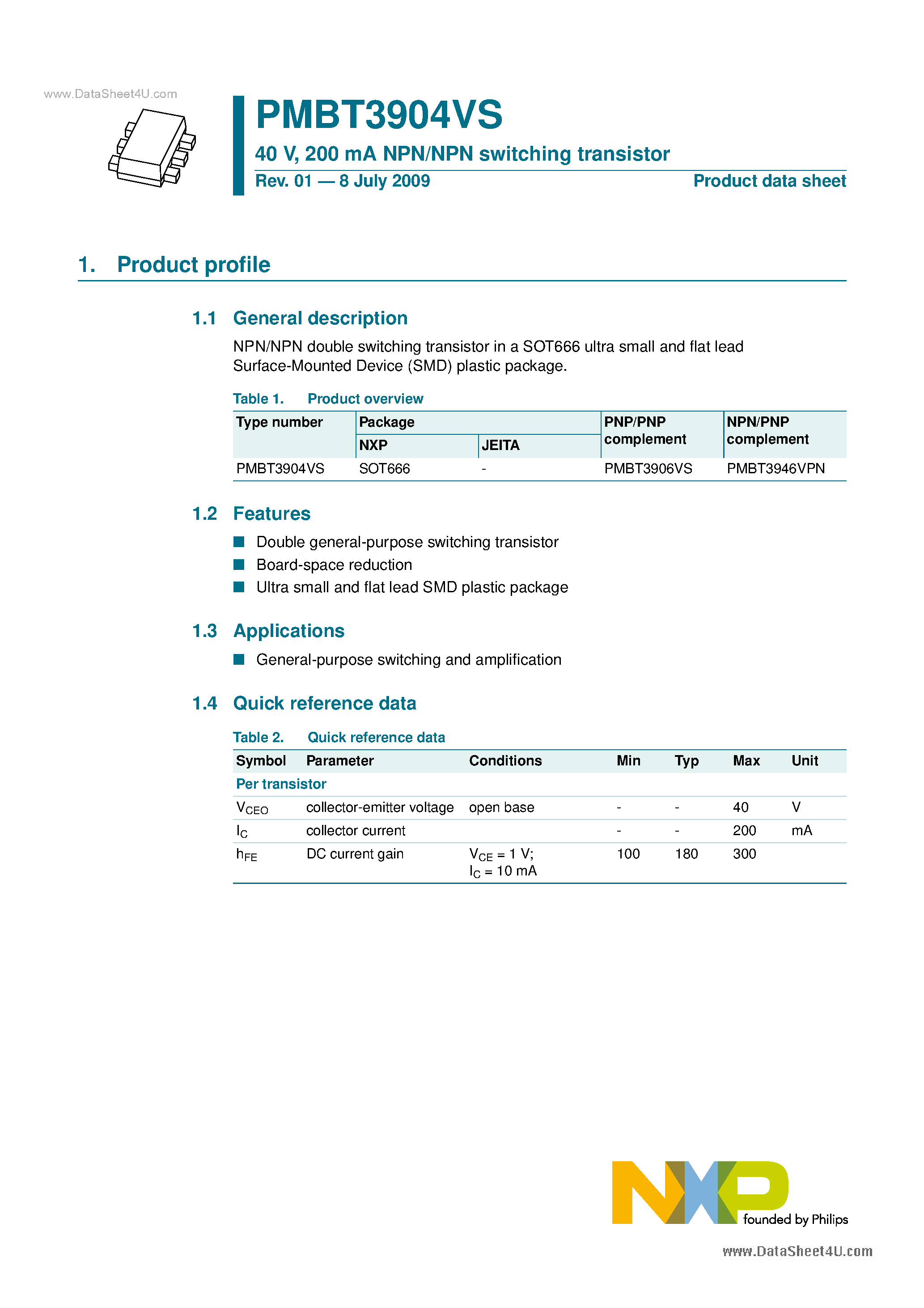 Datasheet PMBT3904VS - 200 MA NPN/NPN Switching Transistor page 1