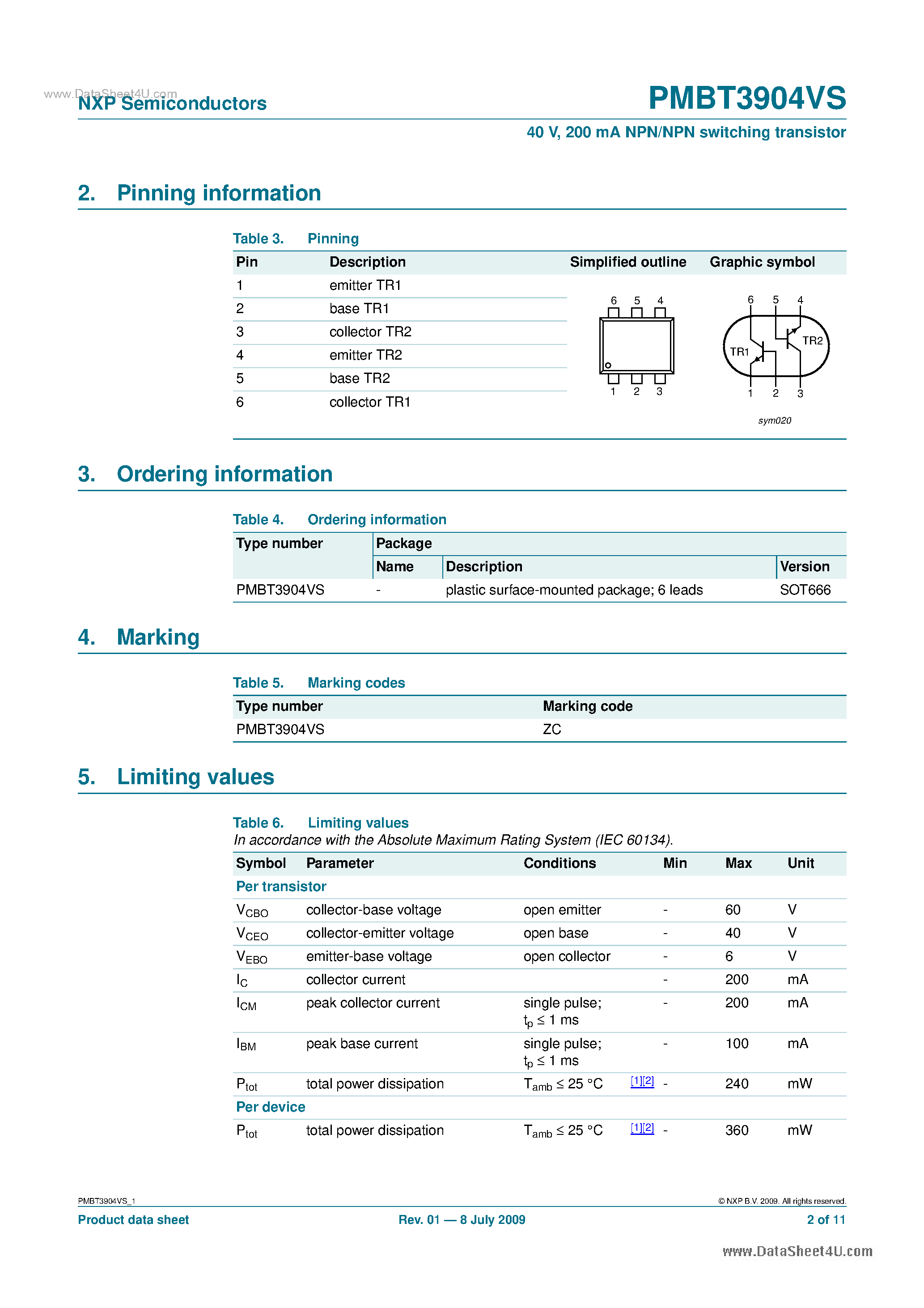 Datasheet PMBT3904VS - 200 MA NPN/NPN Switching Transistor page 2