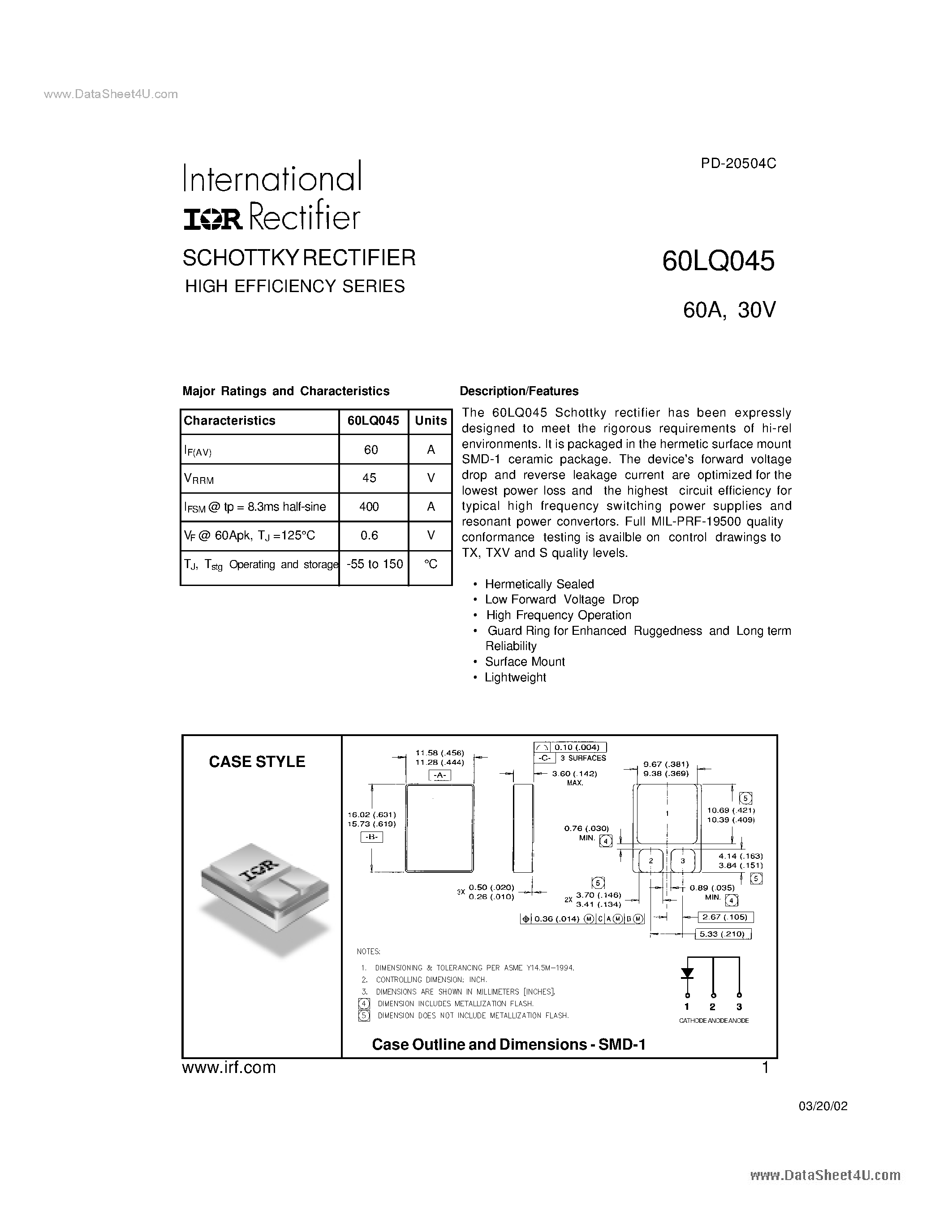 Datasheet 60LQ045 - SCHOTTKY RECTIFIER page 1