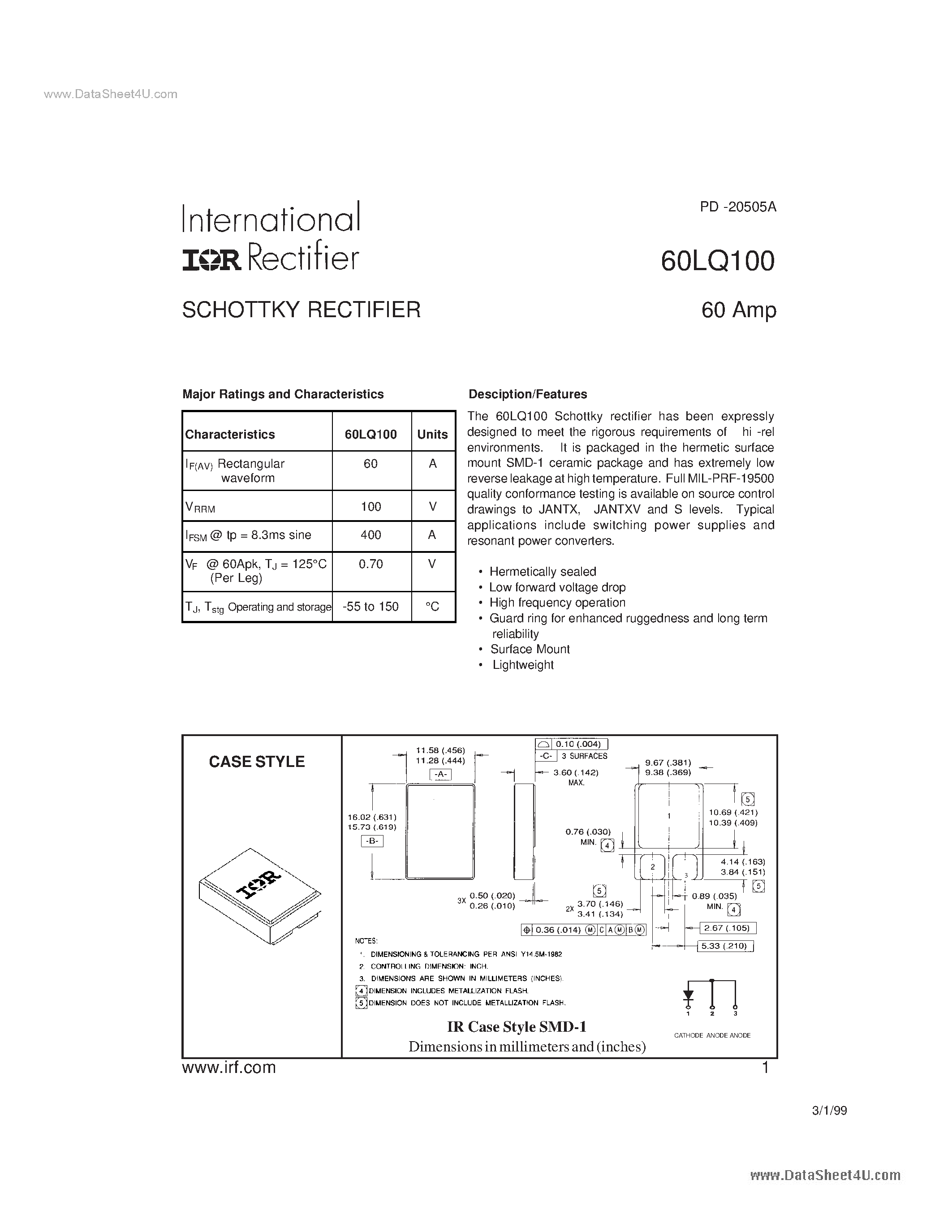 Datasheet 60LQ100 - SCHOTTKY RECTIFIER page 1