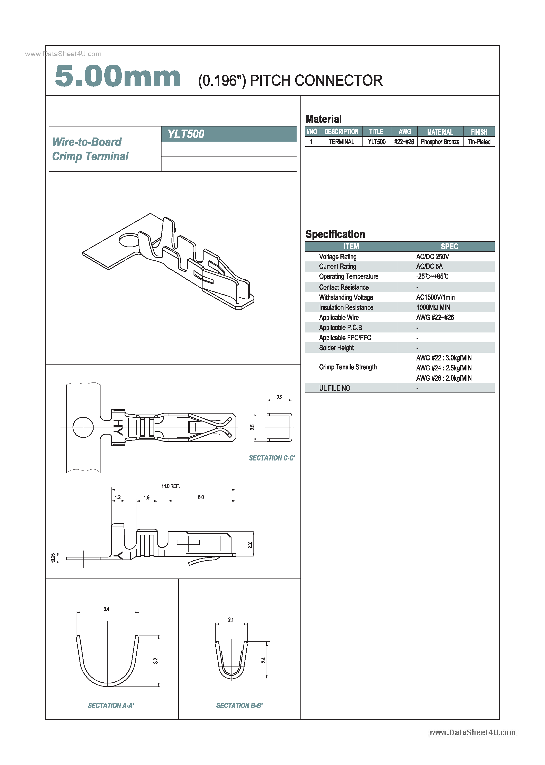 Даташит на микросхему YLT500 страница 1 Даташит YLT500 - 5.00mm PITCH CONNECTOR страница 1