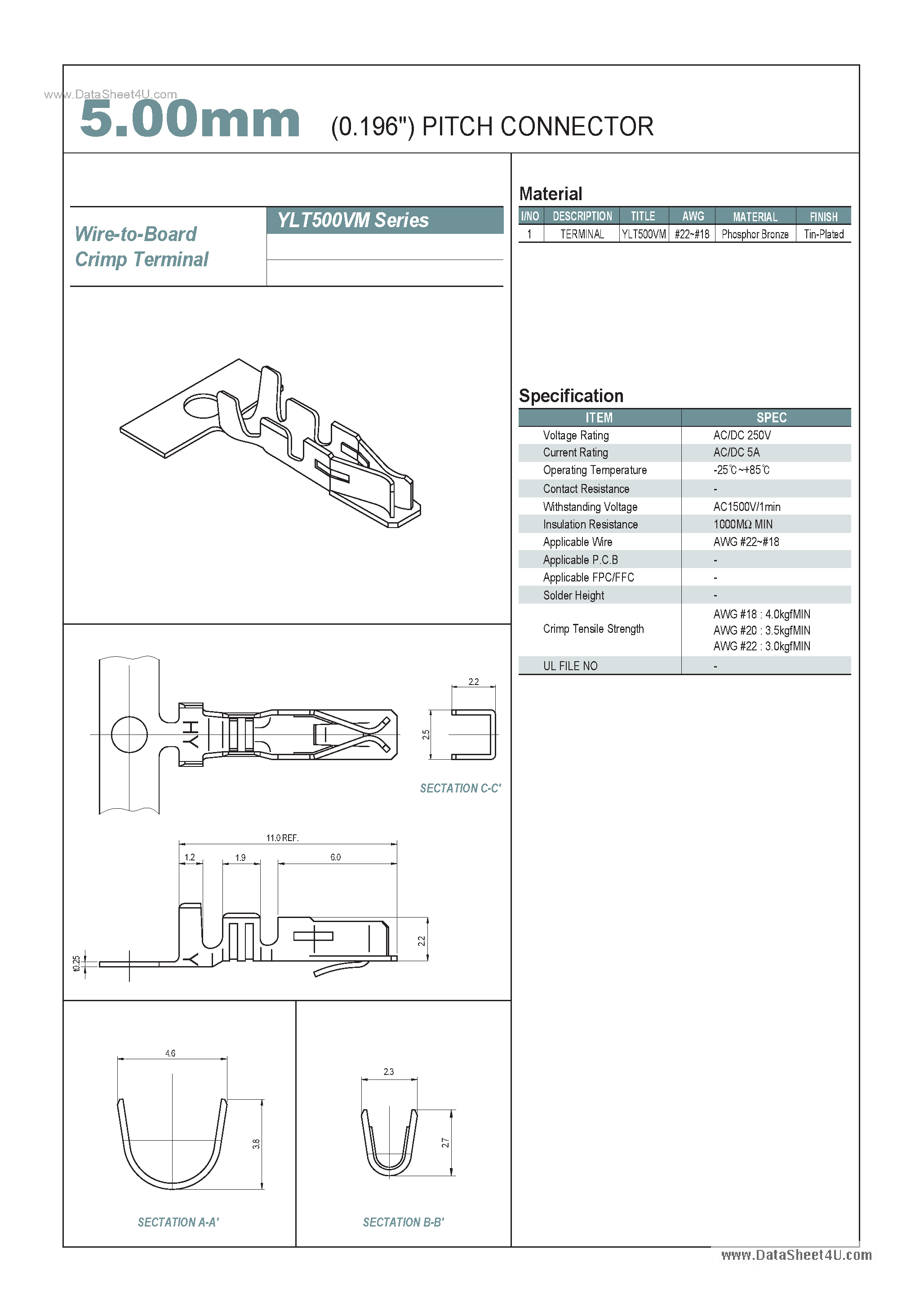 Datasheet YLT500VM - 5.00mm PITCH CONNECTOR page 1