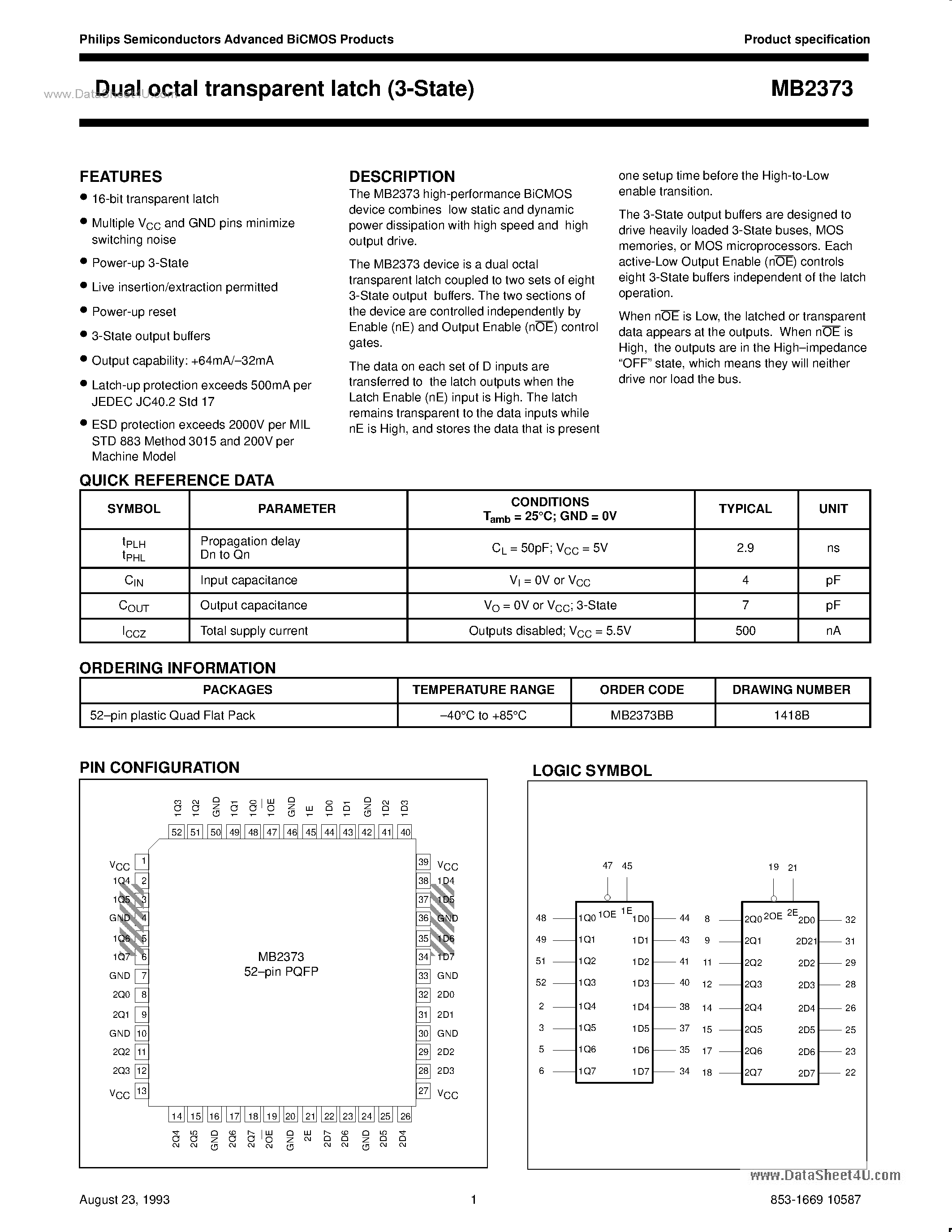 Datasheet MB2373 - Dual octal transparent latch 3-State page 1