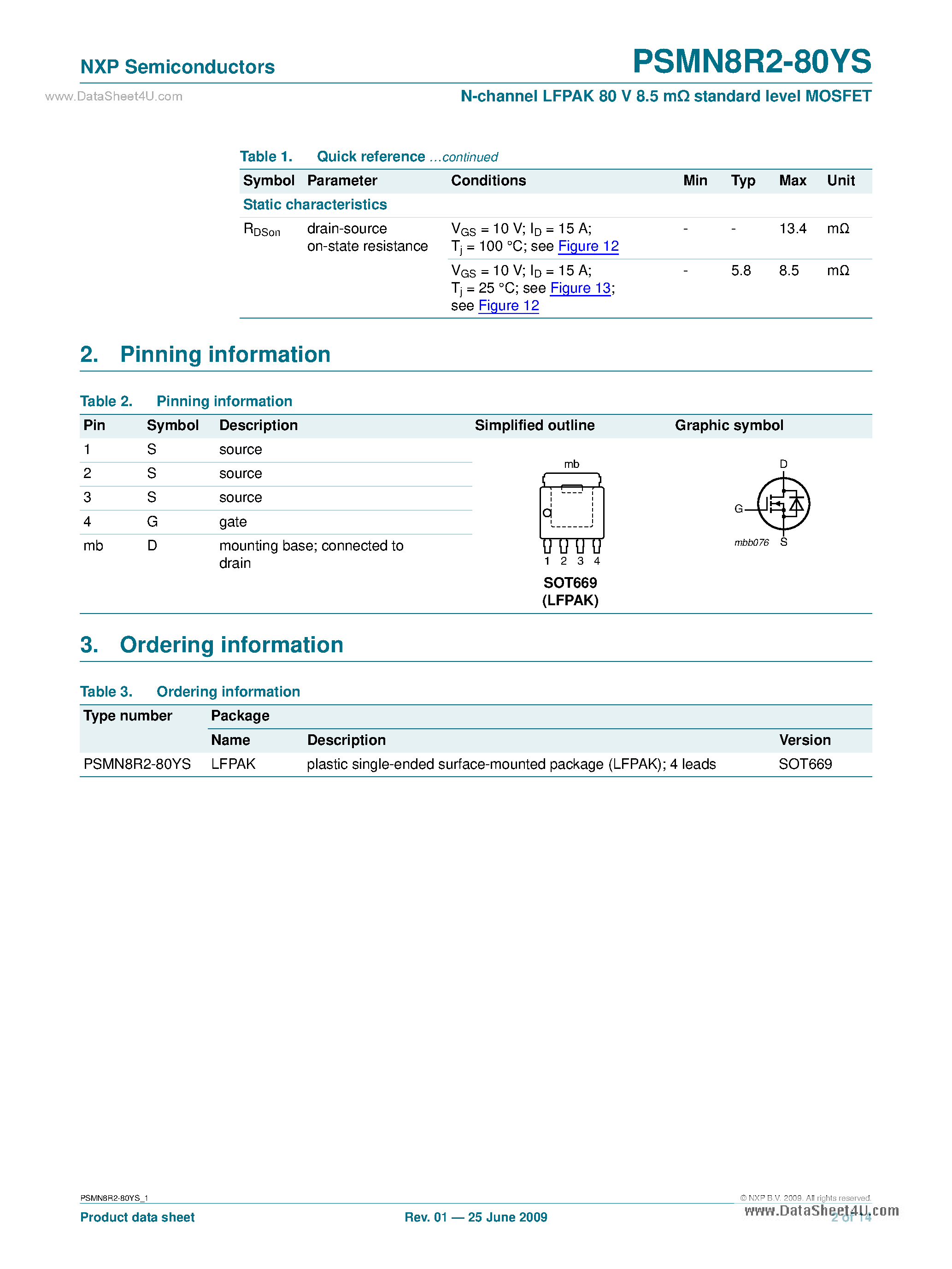 Даташит PSMN8R2-80YS - N-channel LFPAK 80 V 8.5 MOhm Standard Level MOSFET страница 2