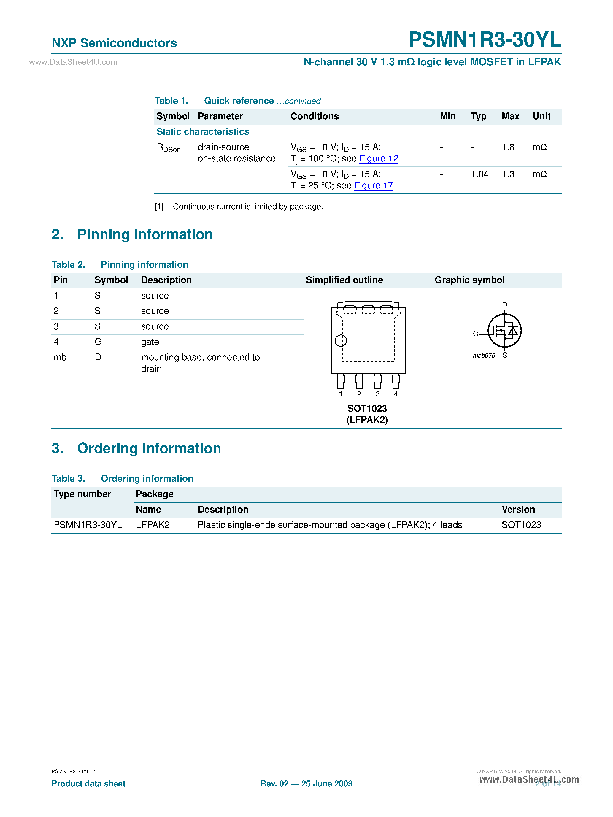 Даташит PSMN1R3-30YL - N-channel 30 V 1.3 MOhm Logic Level MOSFET страница 2