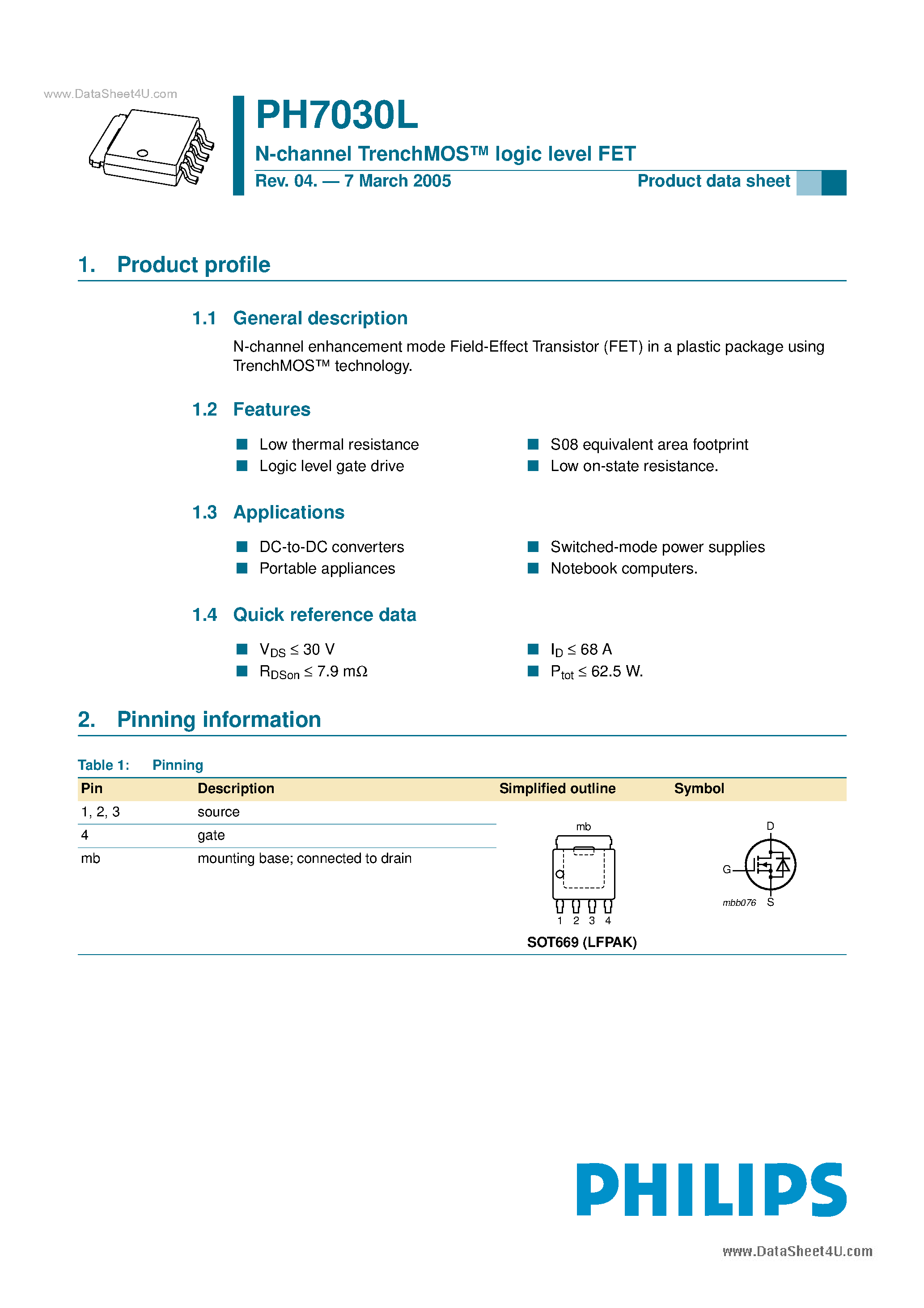 Datasheet PH7030L - N-channel TrenchMOS logic level FET page 1